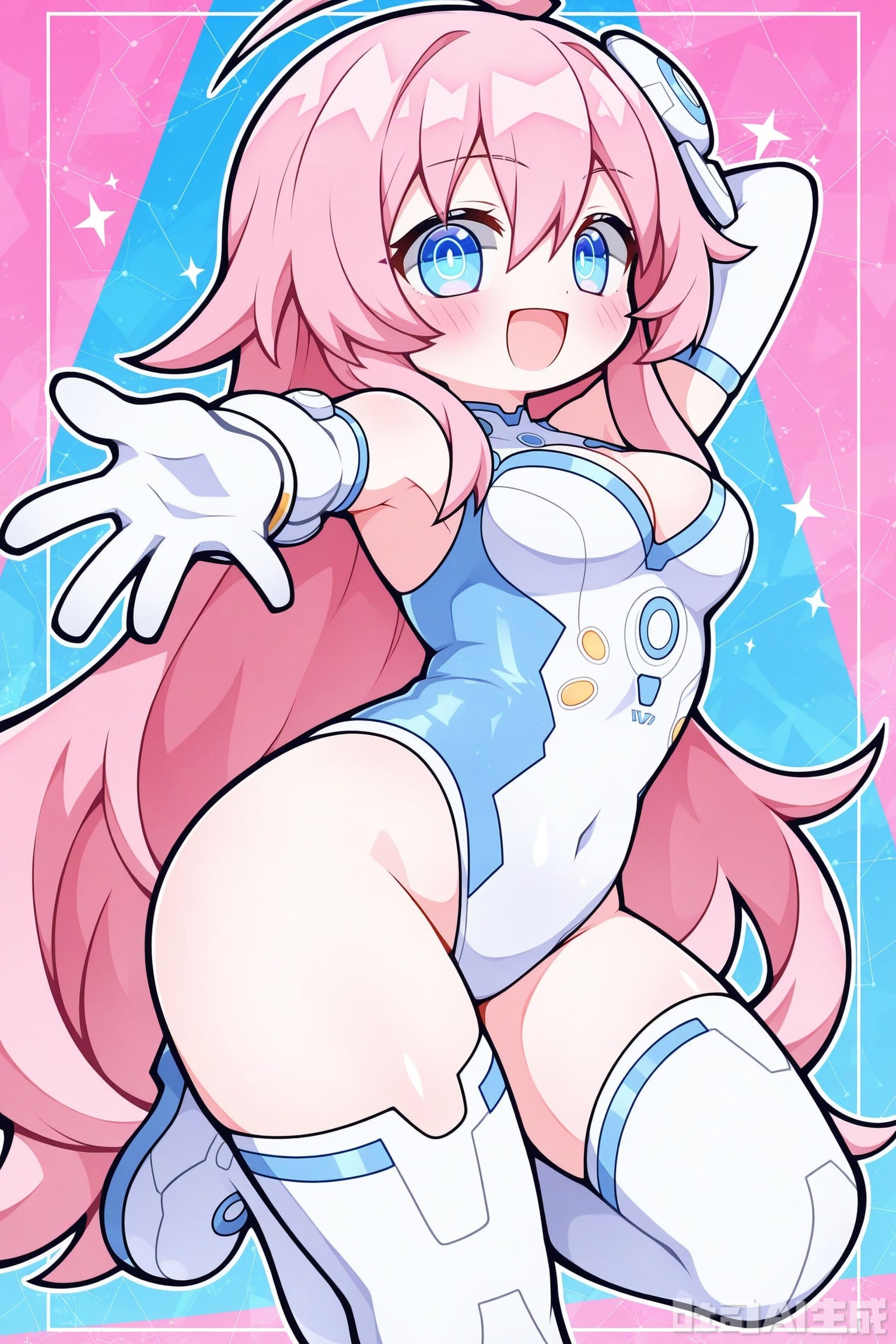 Solid color background, handsome theme, solo, exquisite background, frame: 1.2, full body //
(chibi:1.1),:d,//
//
Stretch out your arms,open your hands
//
1girl, breasts, long hair, solo, pink hair, blue eyes, gloves, power symbol, medium breasts, elbow gloves, looking at viewer, blush, symbol-shaped pupils, hair ornament, cleavage, white gloves, bare shoulders, upper body, white leotard, leotard, very long hair, covered navel, hair between eyes