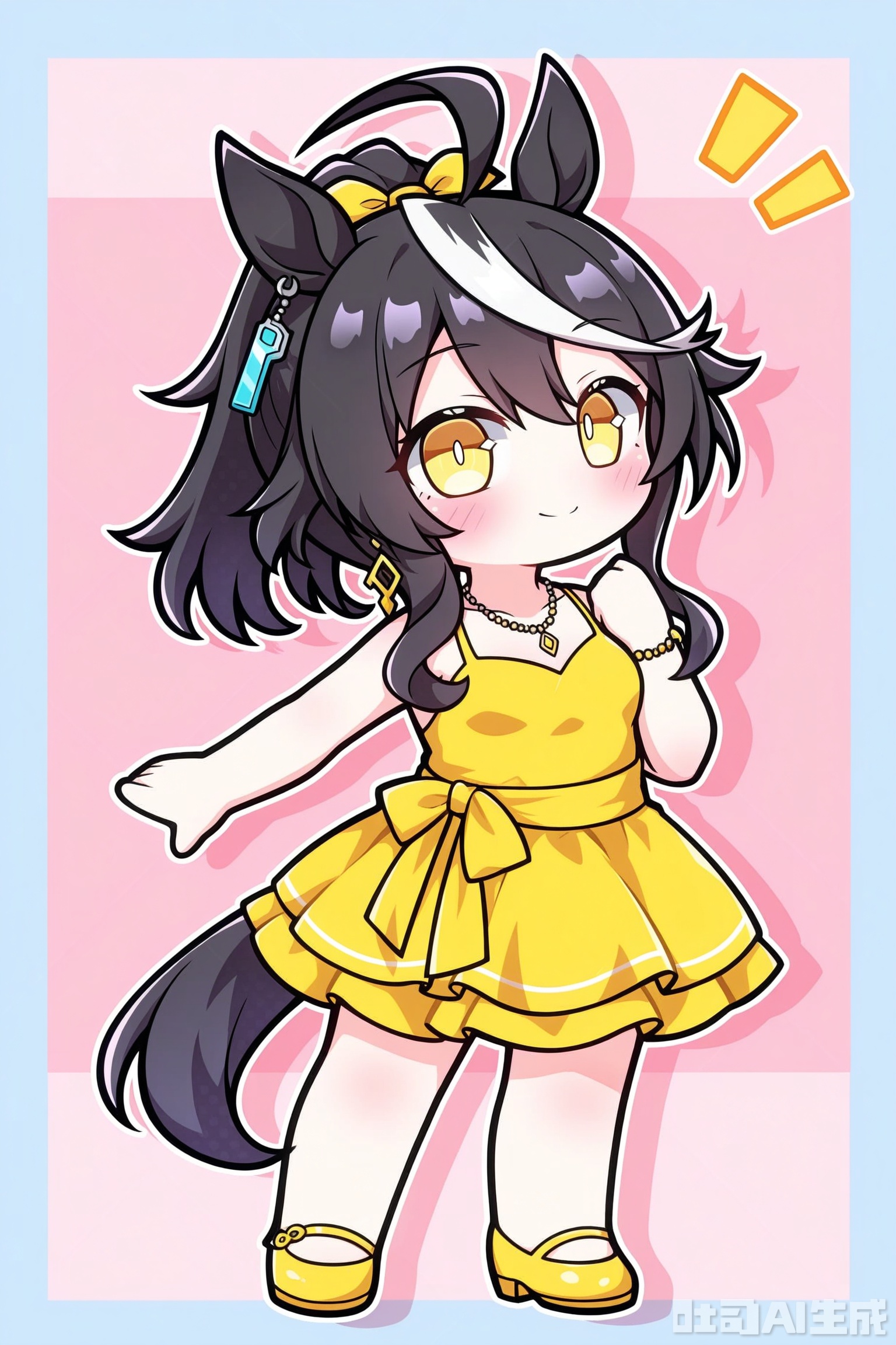 Solid color background, handsome theme, solo, exquisite background, frame: 1.2, full body //
(chibi:1.1),:d,//
//
Stretch out your arms,open your hands
//
1girl, solo, animal ears, horse ears, black hair, yellow dress, dress, hair between eyes, ahoge, long hair, yellow eyes, closed mouth, jewelry, horse girl, blush, notice lines, hand up, small breasts, looking at viewer, upper body, breasts, necklace, ponytail, two-tone background, earrings, streaked hair, multicolored hair, pink background, white hair