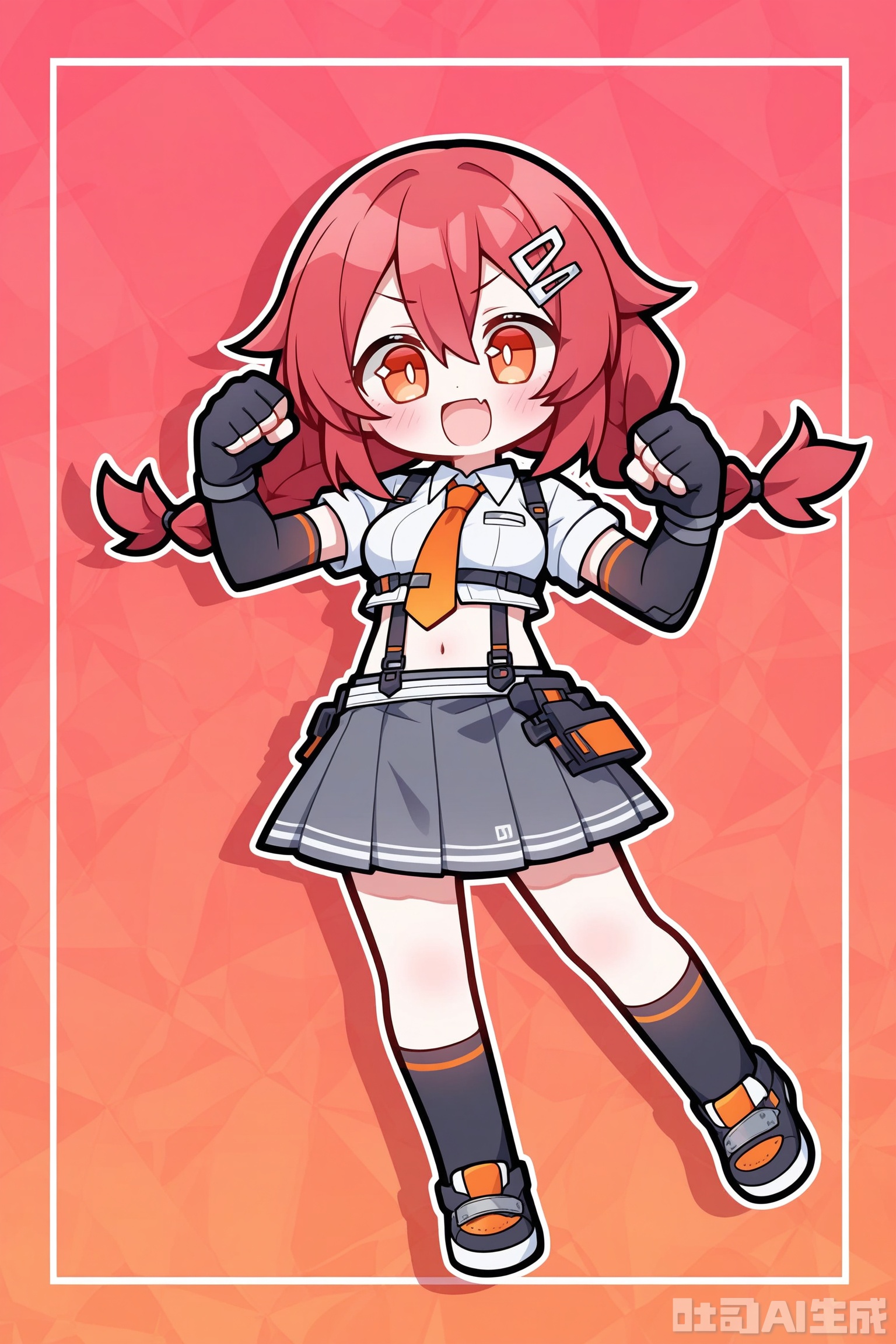 Solid color background, handsome theme, solo, exquisite background, frame: 1.2, full body //
(chibi:1.1),:d,//
//
Stretch out your arms,open your hands
//
1girl, solo, necktie, hair ornament, red hair, gloves, long hair, hairclip, orange necktie, twintails, navel, skirt, shirt, smile, red eyes, looking at viewer, blush, open mouth, suspenders, grey skirt, fingerless gloves, orange eyes, suspender skirt, twin braids, braid, hair between eyes, midriff, collared shirt, breasts, elbow gloves, clenched hands, white shirt