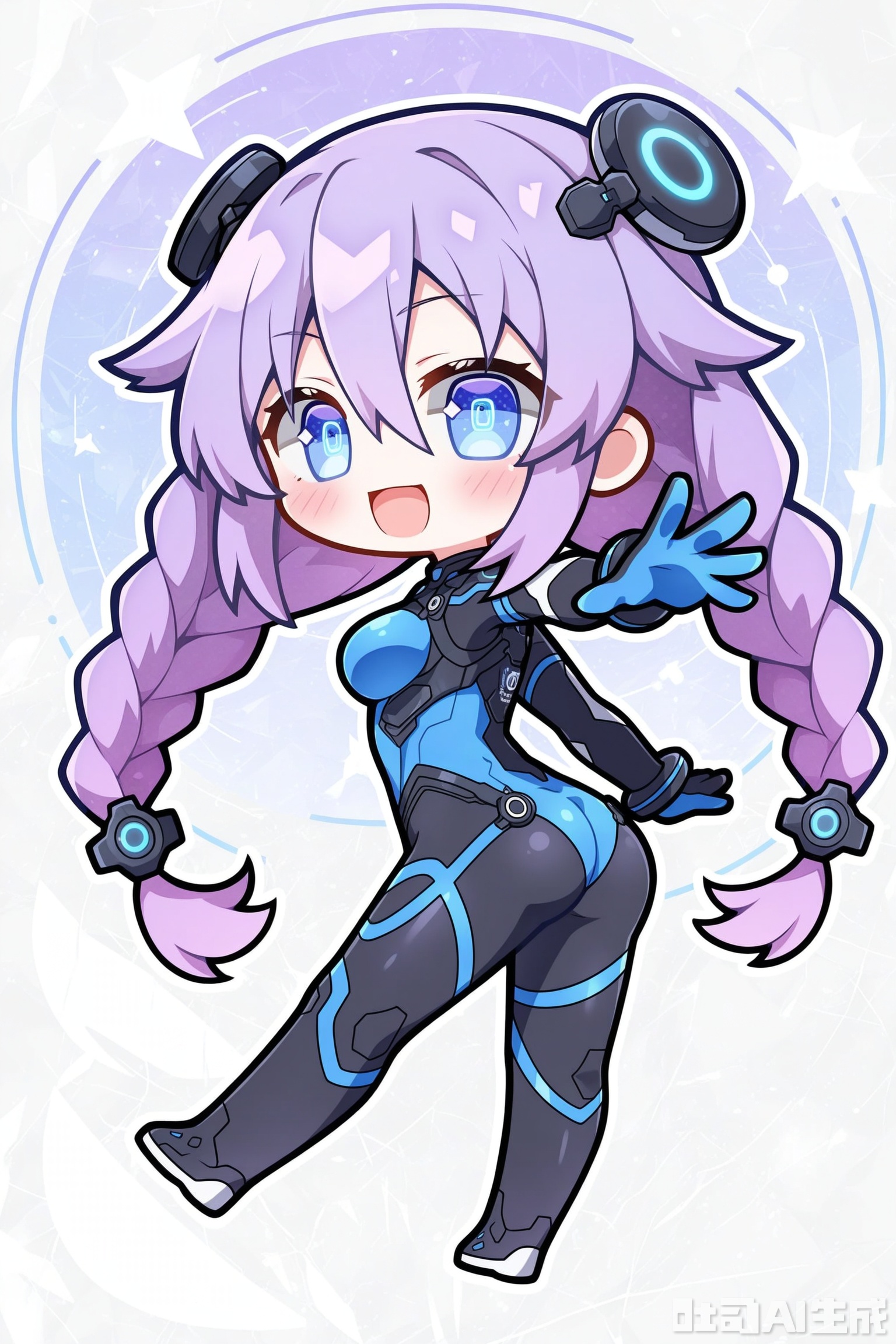 Dark grey (#2F4F4F) background, bright blue (#00BFFF) theme, solo, , full body,
／/
(chibi:1.1) ,:d,//
／/
Stretch out your arms,open your hands
／/
1girl, breasts, blue eyes, solo, ass, long hair, symbol-shaped pupils, looking at viewer, bodysuit, very long hair, smile, medium breasts, purple hair, twin braids, blush, skin tight, power symbol, hair ornament, braid, hair between eyes