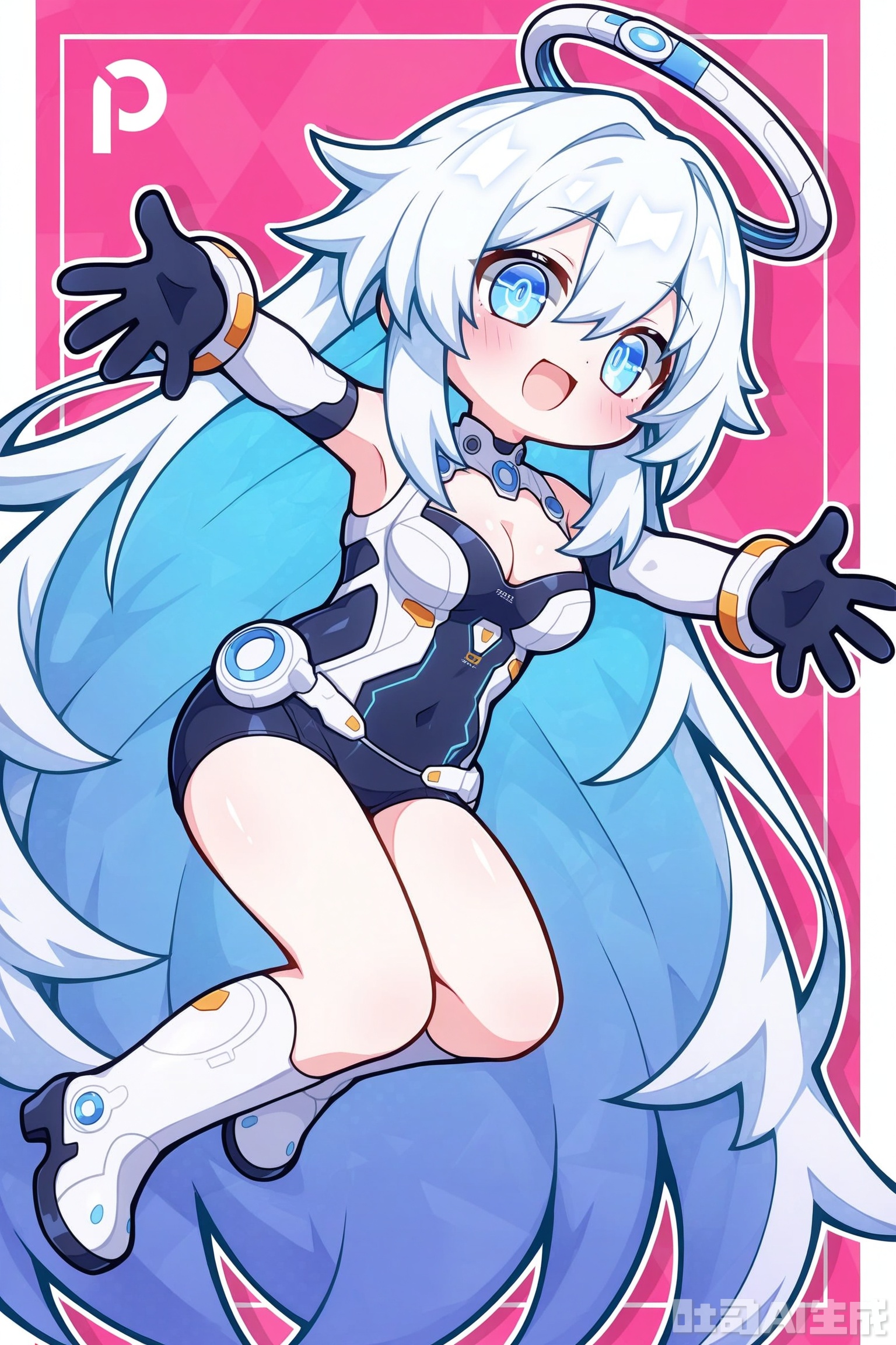 Solid color background, handsome theme, solo, exquisite background, frame: 1.2, full body //
(chibi:1.1),:d,//
//
Stretch out your arms,open your hands
//
1girl, breasts, solo, long hair, symbol-shaped pupils, white hair, medium breasts, cleavage, looking at viewer, bare shoulders, blush, smile, open mouth, elbow gloves, upper body, blue eyes, hair between eyes, gloves, power symbol, very long hair