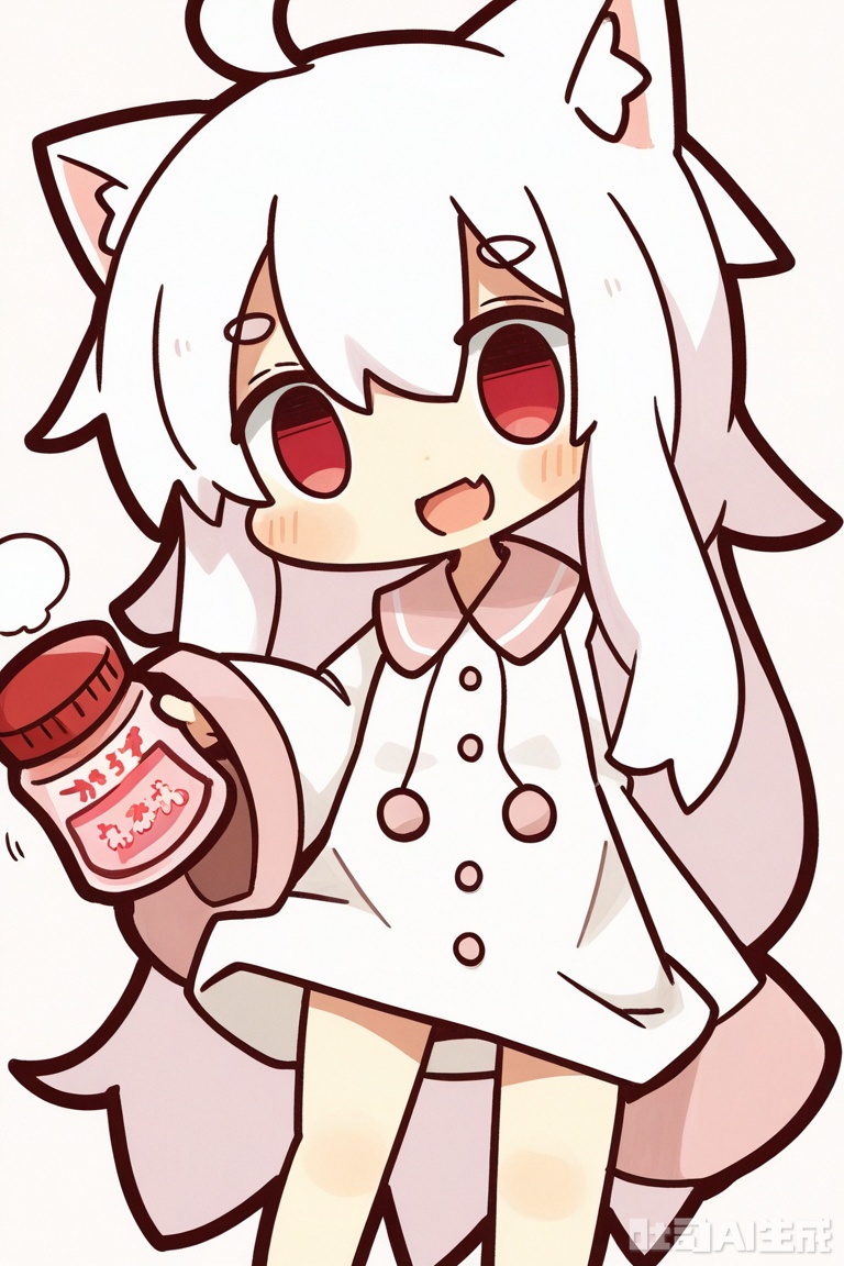 White background, white theme, solo, whole body,
／/
(chibi:1.1) ,:d,//artist:chujiujiu:1.4,//
／/
Stretch out your arms,open your hands
／/
／／
Cat ears, pajamas, drooping eyes, holding a bottle, blush marks, comfortable atmosphere