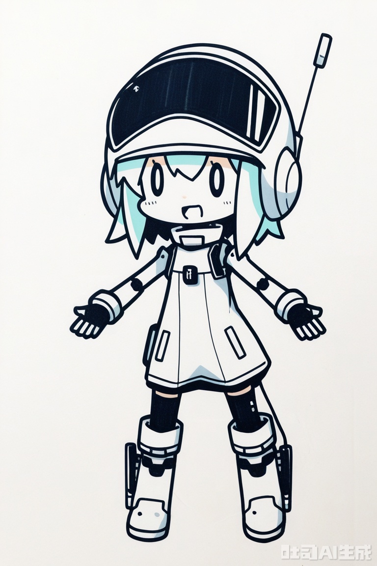 White background, white theme, solo, whole body,
／/
(chibi:1.1) ,:d,//artist:chujiujiu:1.4,//
／/
Stretch out your arms,open your hands
／/
／／
Oversized pilot helmet, joystick plug-in, robotic arm float, science fiction