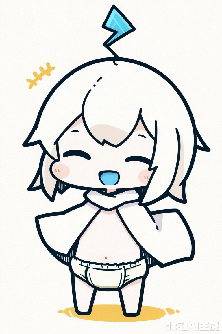 White background, white theme, solo, whole body,
／/
(chibi:1.1) ,:d,//artist:chujiujiu:1.4,//
／/
Stretch out your arms,open your hands
／/
／／
Cloak diapers, raise fists, lightning pacifiers, dynamic floating posture