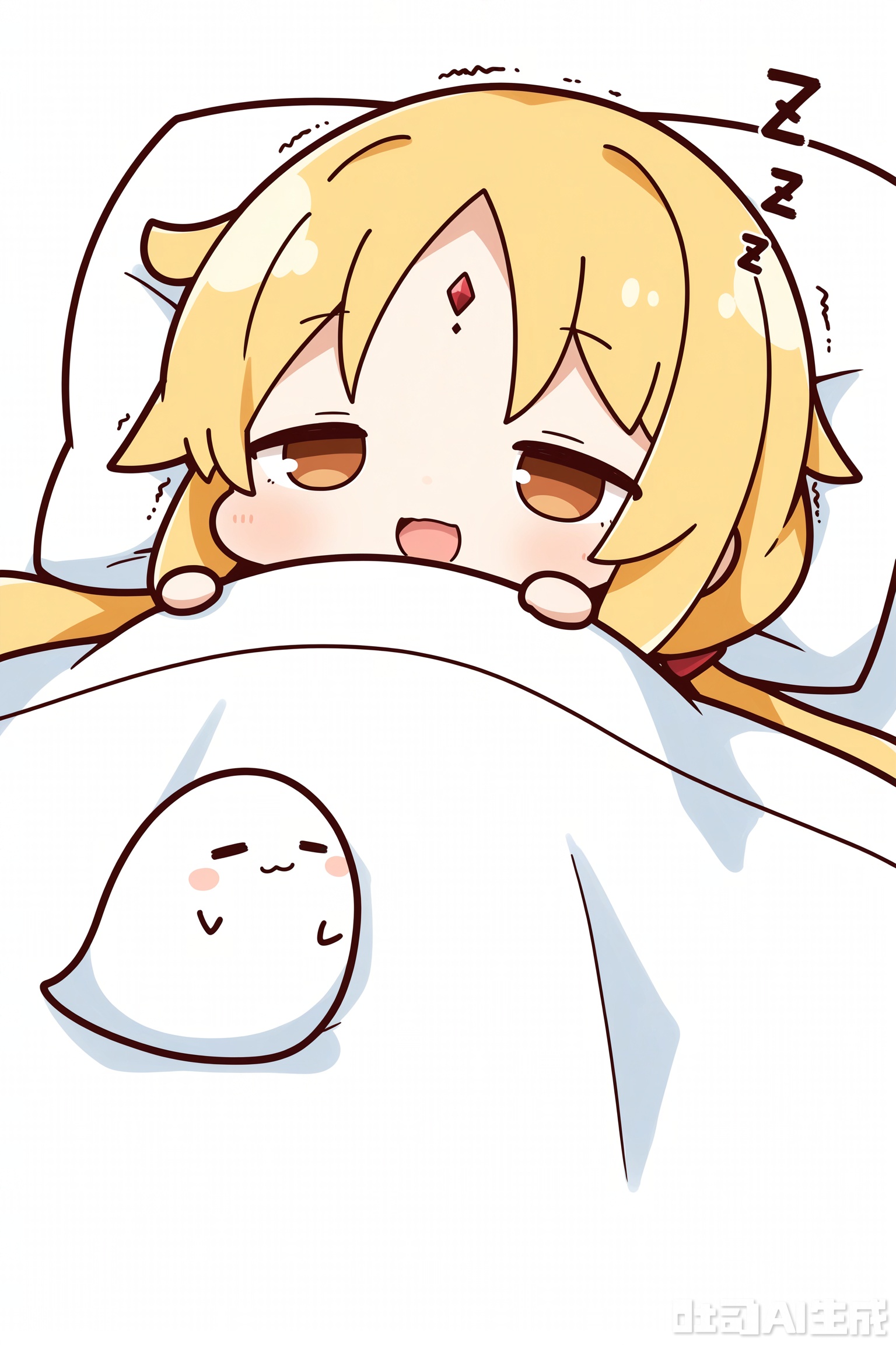 White background, white theme, solo, whole body,
／/
(chibi:1.1) ,:d,//artist:chujiujiu:1.2 ,//
／/
Stretch out your arms,open your hands
／/1girl, solo, long hair, open mouth, bangs, blonde hair, twintails, brown eyes, lying, chibi, parted bangs, pillow, low twintails, facial mark, trembling, sleeping, ghost, forehead mark, blanket, under covers, futon, forehead jewel, zzz