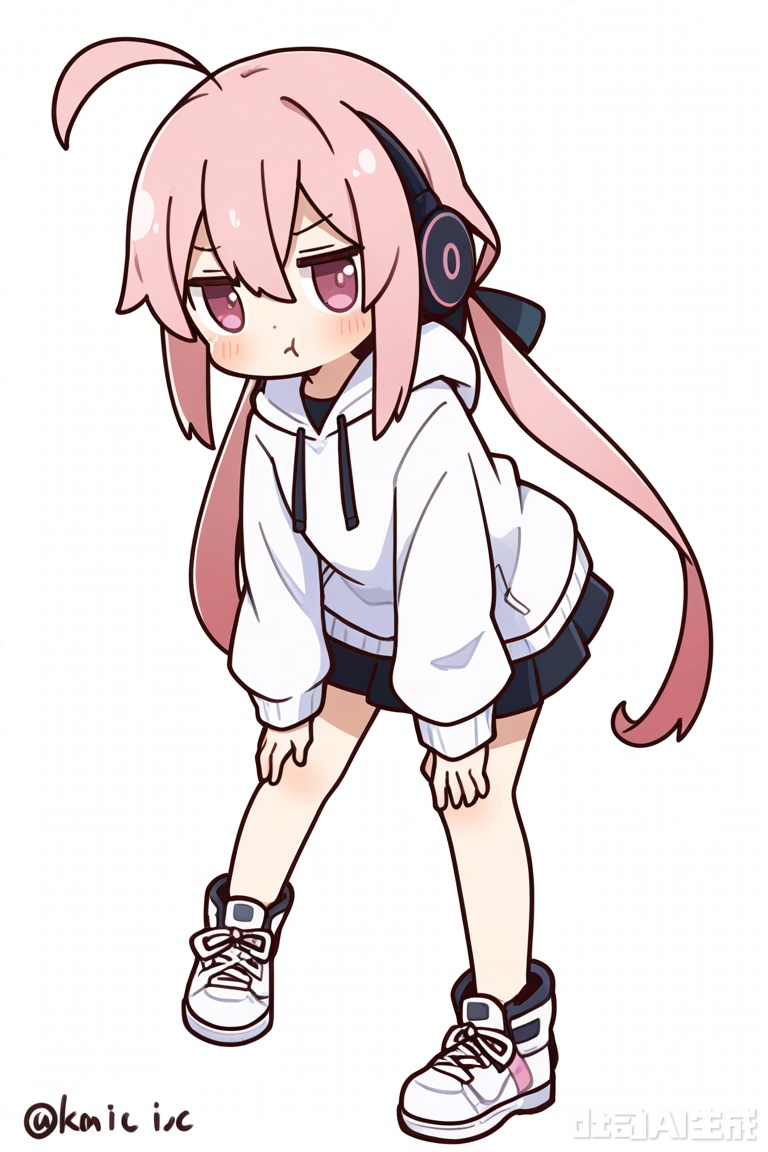 White background, white theme, solo, whole body,
／/
(chibi:1.1) ,:d,//artist:chujiujiu:1.4,//
／/
Stretch out your arms,open your hands
／/
／／
,1girl, solo, pink hair, full body, long hair, hood, shoes, skirt, white background, white footwear, sneakers, simple background, looking at viewer, hands on own knees, hood down, hoodie, very long hair, leaning forward, miniskirt, twintails, long sleeves, black skirt, ahoge, pleated skirt, hair between eyes, headphones, white hoodie, pout, closed mouth, purple eyes, standing, pink eyes, drawstring, blush, sleeves past wrists, bare legs, twitter username, furrowed brow, ribbon,