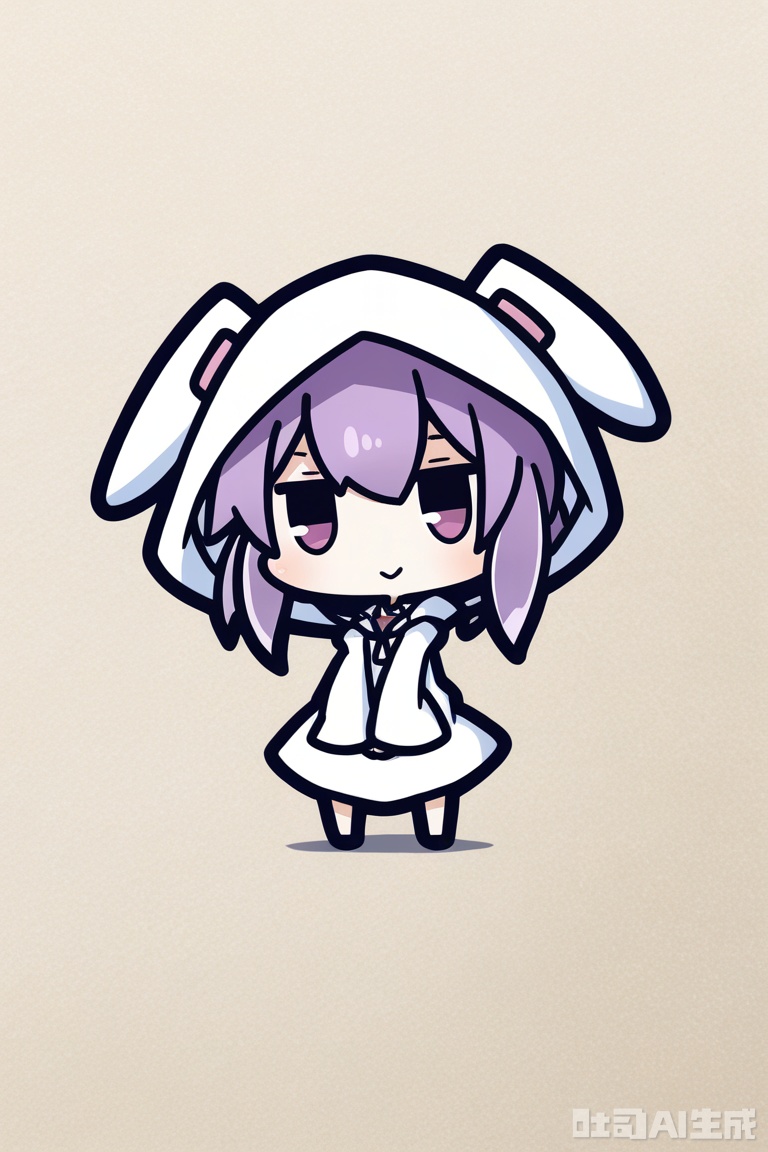 White background, white theme, solo, whole body,
／/
(chibi:1.1) ,:d,//artist:chujiujiu:1.4,//
／/
Stretch out your arms,open your hands
／/
／／
1girl, solo, looking at viewer, long sleeves, dress, closed mouth, purple eyes, purple hair, hood, wide sleeves, hoodie, pale skin, hood up, animal hood