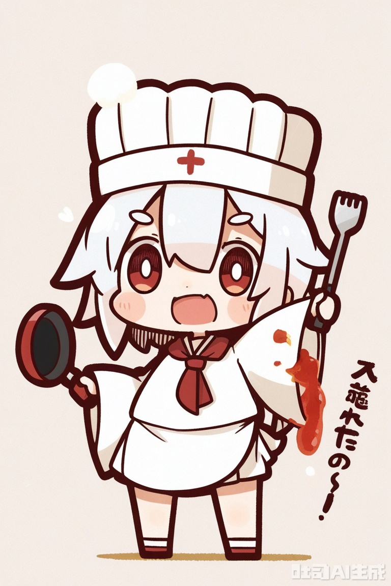 White background, white theme, solo, whole body,
／/
(chibi:1.1) ,:d,//artist:chujiujiu:1.4,//
／/
Stretch out your arms,open your hands
／/
／／
Chef's hat, frying pan weapon, tomato sauce stains, chubby cheeks, shouting posture