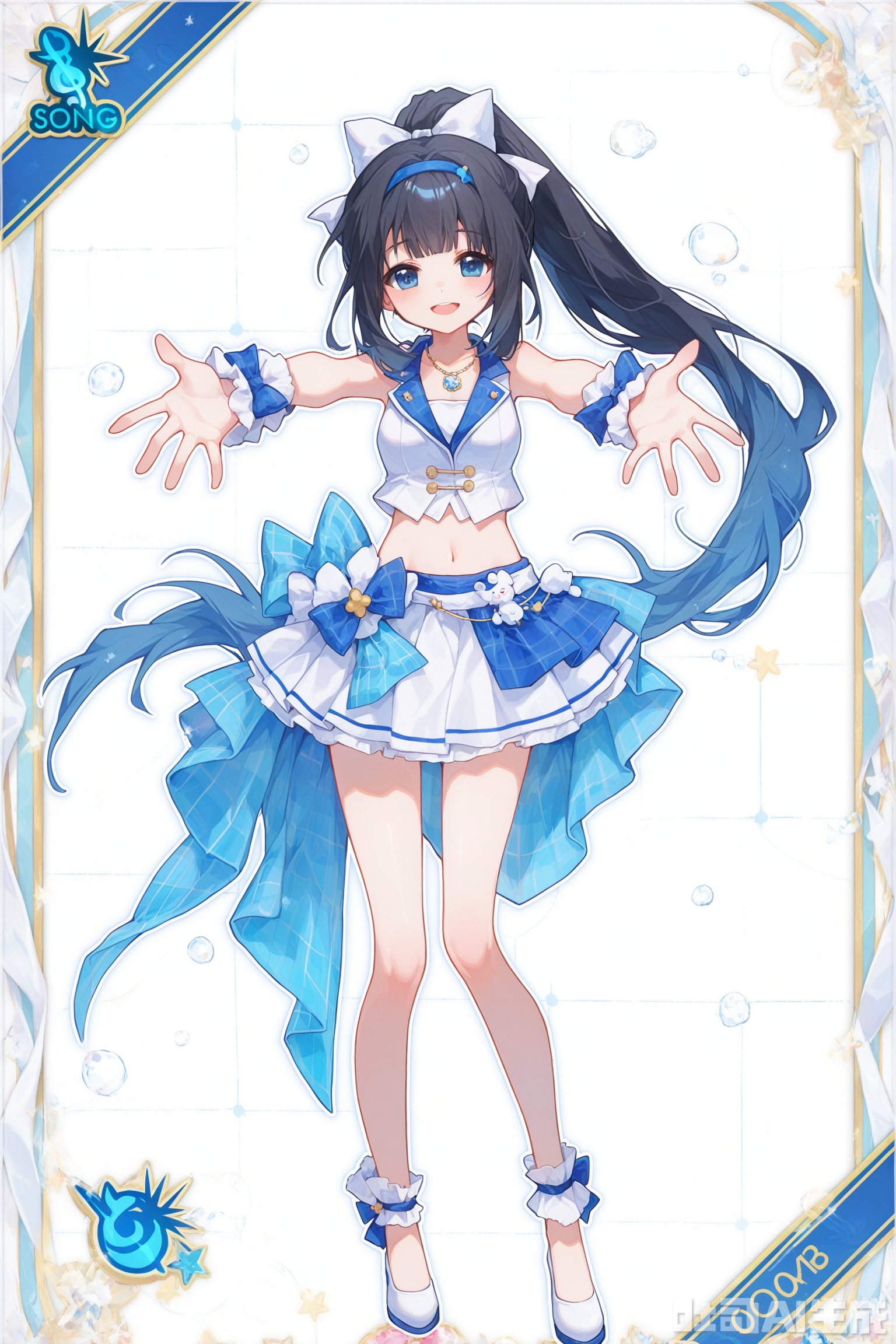 White theme, border: 1.1, solo, border, grid background, simple background, outline: 1.3, frame: 1.2, full body, idol card, English signature,
 ／／
, , card\(medium\), //

Sentter,(imazawa:0.2),(maccha_(mochancc):0.3),(ningen_mame:0.8),(mochizuki_kei:0.75), / ／

1girl, solo, long hair, looking at viewer, blush, smile, open mouth, blue eyes, skirt, simple background, black hair, white background, ribbon, navel, jewelry, blue hair, ponytail, midriff, necklace, outstretched arms, reaching towards viewer
