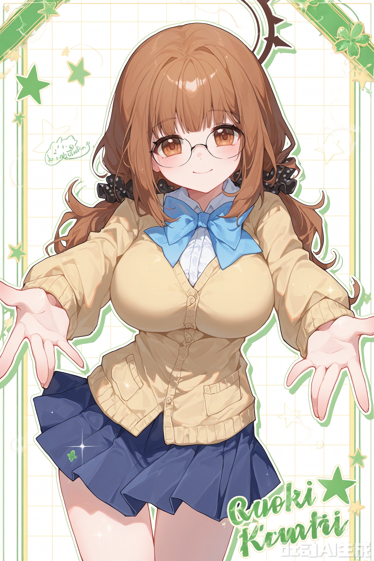 Green theme, border: 1.1, solo, border, grid background, yellow background, outline: 1.3, frame: 1.2, whole body, idol card, English signature,
 ／／
, , card\(medium\), //

Sentter,(imazawa:0.2),(maccha_(mochancc):0.3),(ningen_mame:0.8),(mochizuki_kei:0.75), / ／

1girl, solo, long hair, breasts, looking at viewer, blush, smile, bangs, skirt, simple background, brown hair, shirt, long sleeves, white background, bow, brown eyes, school uniform, thighs, pleated skirt, glasses, huge breasts, blue skirt, halo, scrunchie, light brown hair, cardigan, outstretched arms

