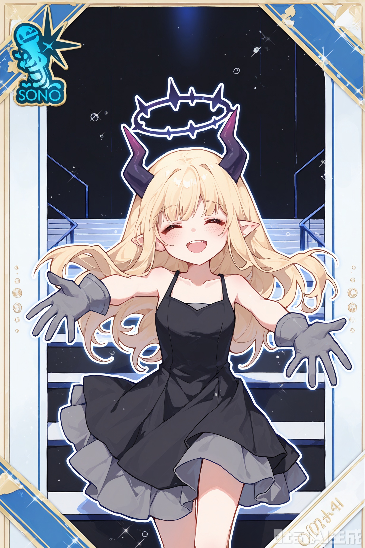 White theme, border: 1.1, solo, border, grid background, black background, outline: 1.3, frame: 1.2, full body, idol card, English signature,
 ／／
, , card\(medium\), //

Sentter,(imazawa:0.2),(maccha_(mochancc):0.3),(ningen_mame:0.8),(mochizuki_kei:0.75), / ／

1girl, solo, long hair, blush, smile, open mouth, bangs, blonde hair, gloves, dress, bare shoulders, collarbone, closed eyes, :d, horns, sleeveless, pointy ears, indoors, black dress, ^ ^, halo, outstretched arms, facing viewer, stairs, grey gloves

