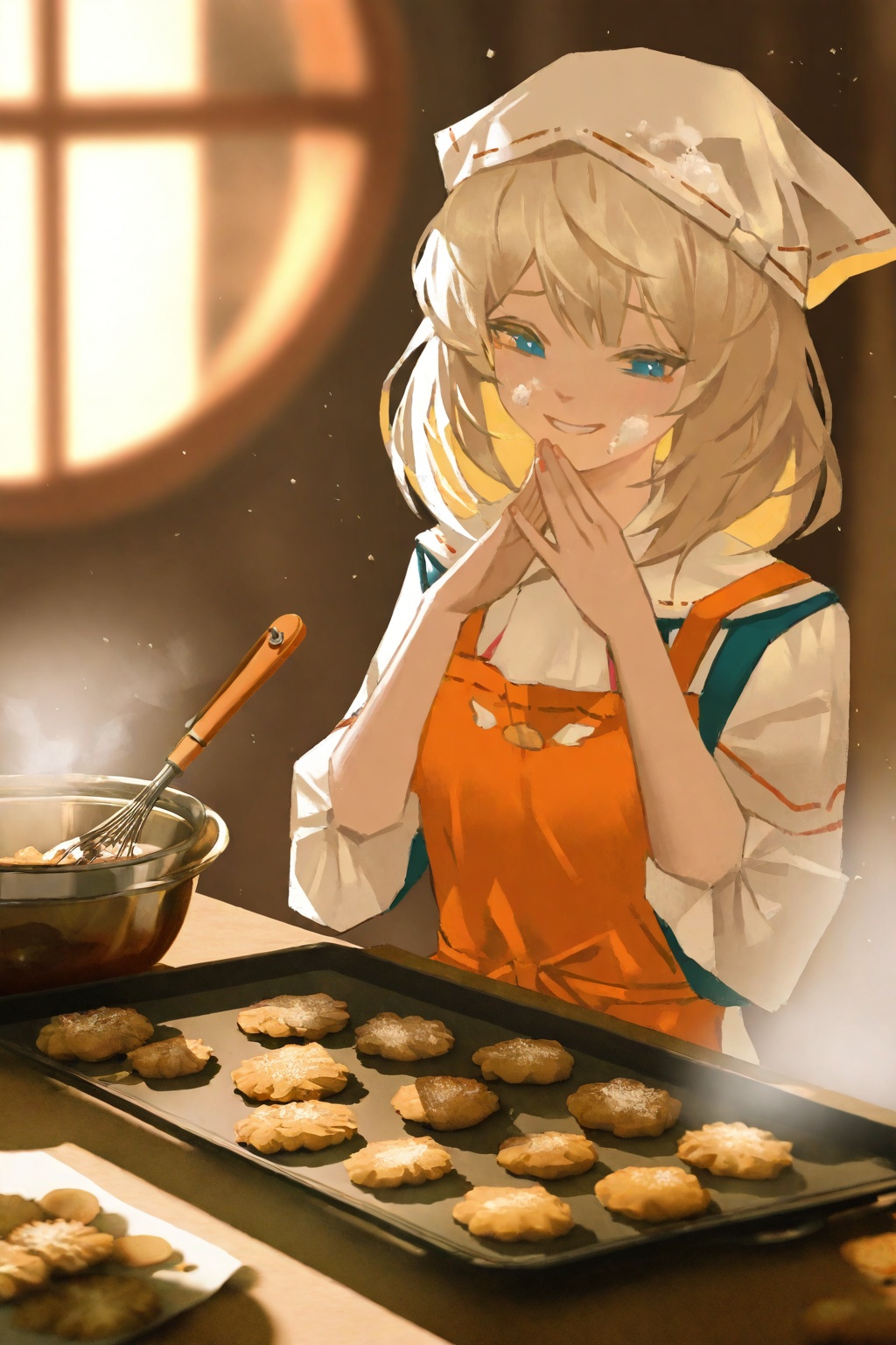 highres,absurdres,very awa,masterpiece,best quality,newest,year 2024,\n,tuoer,<lora:TuoEr-000110:1>,(upper body:1.9),\n,1girl,apron over uniform,flour on cheek,hair in bandana,proud smile,cheeks puffed,holding baking tray,chocolate cookies steaming,whisk in bowl,sunny home ec room,mixing bowls clutter,recipe card stand,golden hour window light,steam particles,food glow,close up on hands,shallow depth of field,