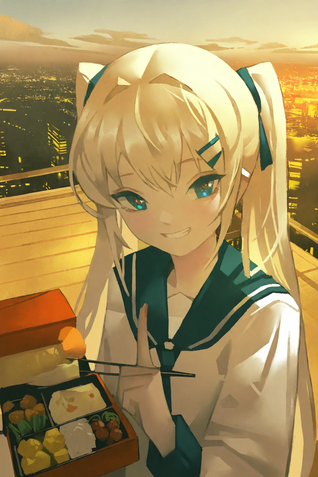 highres,absurdres,very awa,masterpiece,best quality,newest,year 2024,\n,tuoer,<lora:TuoEr-000110:1>,(upper body:1.9),\n,1girl,girls twin tails, sailor collar, hair clipscheeky smile, sharing secretholding bento box, chopsticks mid-air, pointing at foodschool rooftop view, distant city skyline, cloud shadowssoft backlight, rim light on hair, warm color gradingmedium close up, eye level perspective