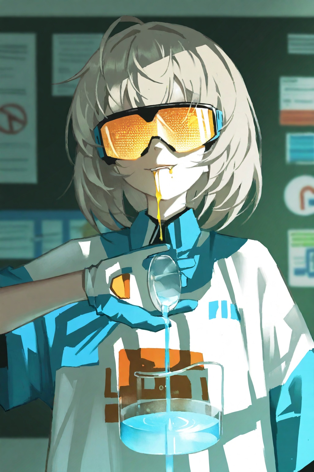 highres,absurdres,very awa,masterpiece,best quality,newest,year 2024,\n,tuoer,<lora:TuoEr-000110:1>,(upper body:1.9),\n,1girl,girl, lab goggles pushed up, gloves too bigconcentrated squint, biting lower lippouring liquid to beaker, color reaction fizzingscience classroom, periodic table poster, safety signsneon solution glow, glass refraction effectsover-the-shoulder view, shallow focus