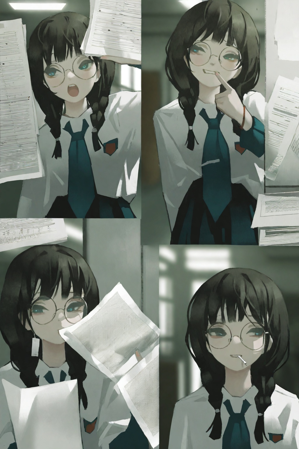 highres,absurdres,very awa,masterpiece,best quality,newest,year 2024,\n,tuoer,<lora:TuoEr-000110:1>,(upper body:1.9),\n,1girl,girl, twin braids, round glasses, scarf loosely tiedexcited gasp, pointing fingerpinning club poster, papers under arm, pushpin in mouthschool corridor, noticeboard collage, locker row backgroundsoft fluorescent lighting, paper texture overlaymedium shot, focus on interaction