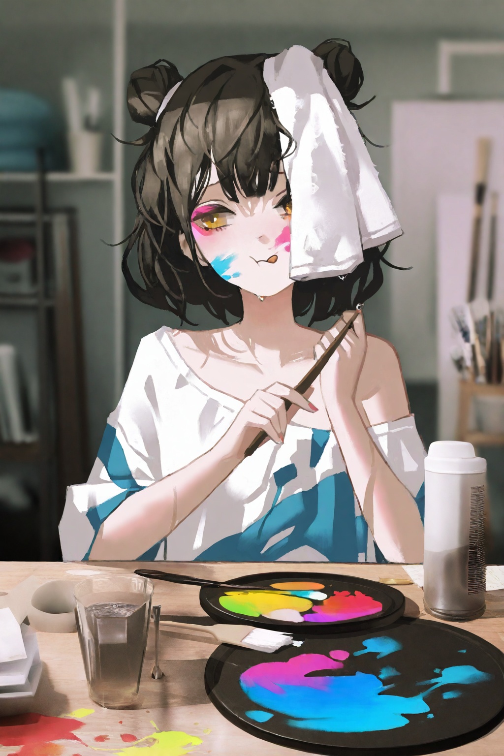highres,absurdres,very awa,masterpiece,best quality,newest,year 2024,\n,tuoer,<lora:TuoEr-000110:1>,(upper body:1.9),\n,1girl,girl,messy bun,paint smudged cheek,focused pout,tongue peeking out,dipping brush in palette,water cup rippling,art room easels,drying canvases,pigment splatters,wet brush shine,color bleed effect,over-the-shoulder shot,shallow focus,