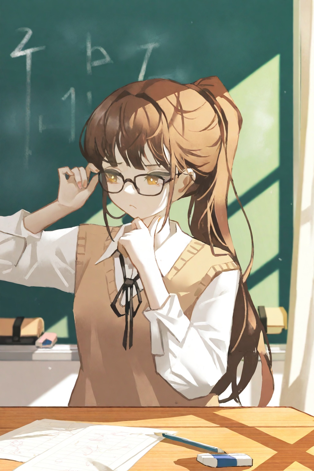 highres,absurdres,very awa,masterpiece,best quality,newest,year 2024,\n,tuoer,<lora:TuoEr-000110:1>,(upper body:1.9),\n,1girl,brown ponytail,ribbon tie,white shirt,sweater vest,concentrated frown,pencil tapping chin,writing in notebook,eraser dust on desk,adjusting glasses,sunlit classroom,wooden desk stack,chalkboard equations,curtain flutter,dappled sunlight,dust motes glow,paper texture overlay,upper body shot,shallow depth of field,focus on eyes,