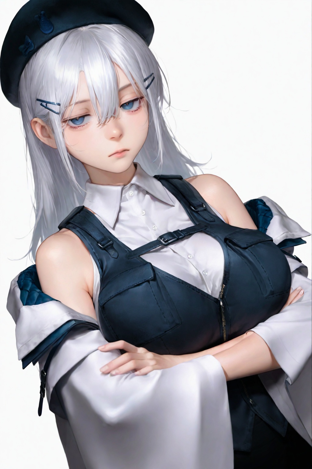 highres,absurdres,very awa,masterpiece,best quality,year 2024,newest,<lora:B3D-000198>,(white background:1.9),(simple background:1.9),drop shadow,1girl,solo, blue eyes,white hair,long hair,hair between eyes, white shirt,wing collar,miniskirt,hairclip,beret,vest,wide sleeves,jacket,bare shoulders,strap,buckle, upper body,looking at viewer,(jitome:1.2),expressionless,[uneven eyes],crossed arms, simple background,