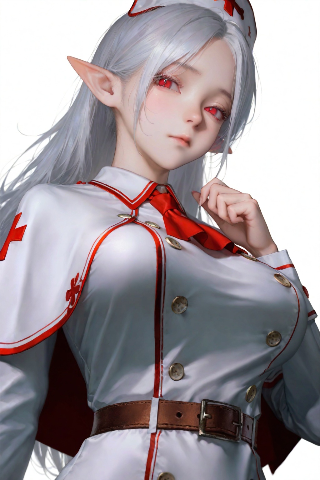 highres,absurdres,very awa,masterpiece,best quality,year 2024,newest,<lora:B3D-000198>,(white background:1.9),(simple background:1.9),drop shadow,(upper body:1.6),1girl,solo, red eyes, pointy ears, long hair, capelet, hat, white hair, white background, belt, nurse cap, simple background, long sleeves, ascot, closed mouth, looking at viewer, white dress, red ascot, dress, white headwear, breasts, buttons, red cross, brown belt, collared dress