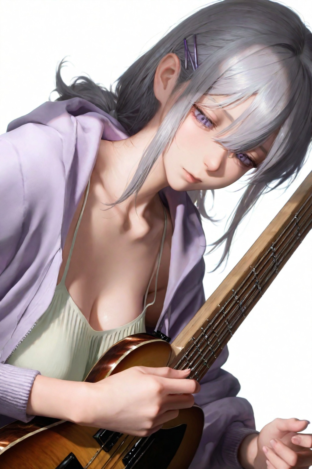 highres,absurdres,very awa,masterpiece,best quality,year 2024,newest,<lora:B3D-000198>,(white background:1.9),(simple background:1.9),drop shadow,(close-up:1.1),Focus on the face,looking at viewer,upper body,1girl,hair between eyes,long hair,(medium hair:1.1),grey hair,sidelocks,Lilac eyes,purple hairpin,light purple hooded jacket,Light green camisole,Light green dress,look down,leaning to the side,(leaning:1.3),holding instrument,(wood guitar:1.3),
