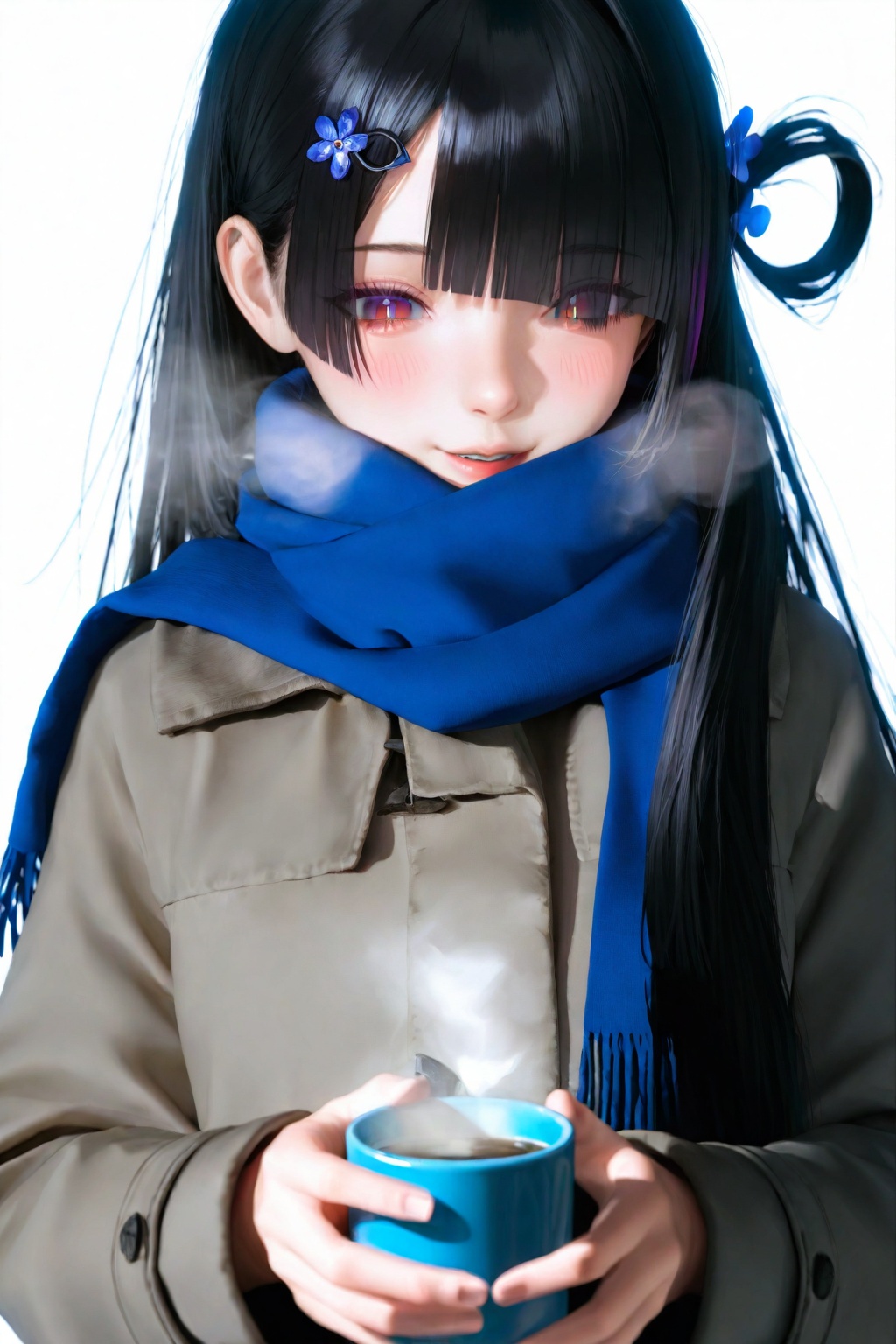 highres,absurdres,very awa,masterpiece,best quality,year 2024,newest,<lora:B3D-000198>,(white background:1.9),(simple background:1.9),drop shadow,1girl,solo,black hair,very long hair,long hair,asymmetric bangs,blunt bangs,diagonal bangs,hair over one eye,eyes visible through hair,single hair intake,single sidelock,single hair ring,red eyes,(gradient eyes:1.6),purple eyes,white pupils,1girl,long hair,solo,black hair,hair over one eye,smile,scarf,cup,holding,looking at viewer,blush,bangs,coat,steam,jacket,blue scarf,winter clothes,winter,snow,holding cup,long sleeves,purple eyes,breath,blurry,hair rings,tree,upper body,hair ornament,parted lips,