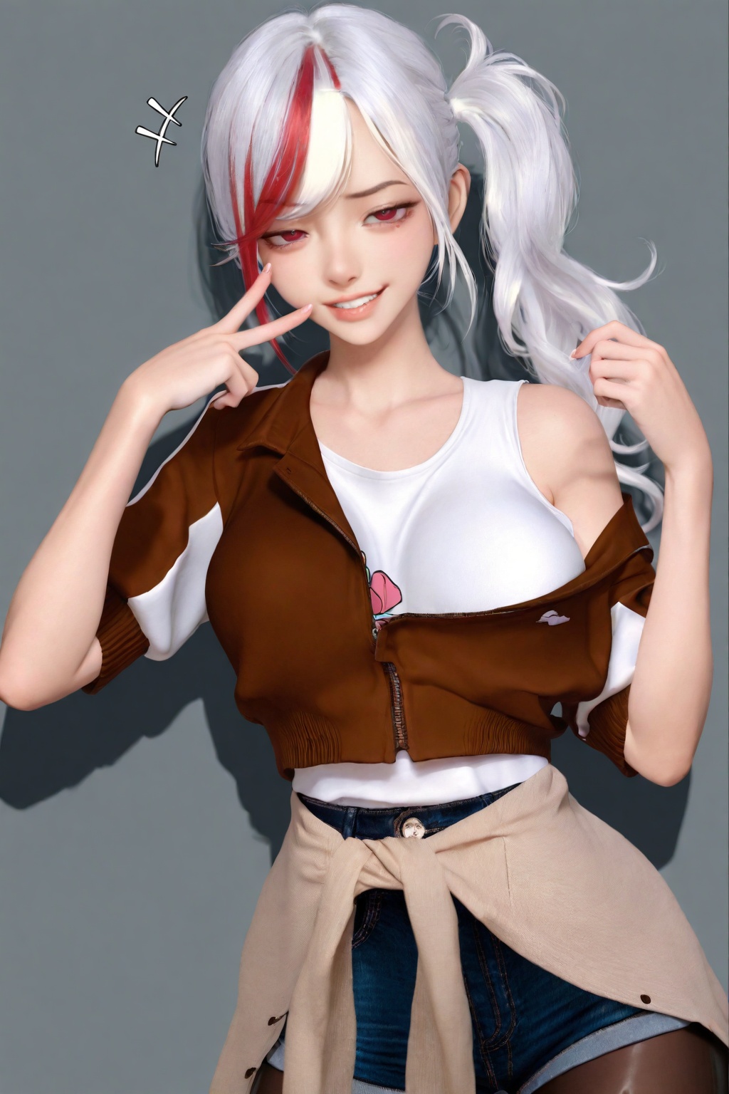 highres,absurdres,very awa,masterpiece,best quality,year 2024,newest,<lora:B3D-000198>,1girl,solo, red eyes,white hair,long hair,swept bangs,(red streaked hair),side ponytail, white t-shirt,short sleeves,denim shorts,black pantyhose,single bare shoulder,(cropped jacket),brown cardigan,cardigan around waist, upper body,looking at viewer,(jitome),smirk,light smile,frown,v over mouth,grin,kogal,motion line,+++,raised eyebrow, simple background,drop shadow,