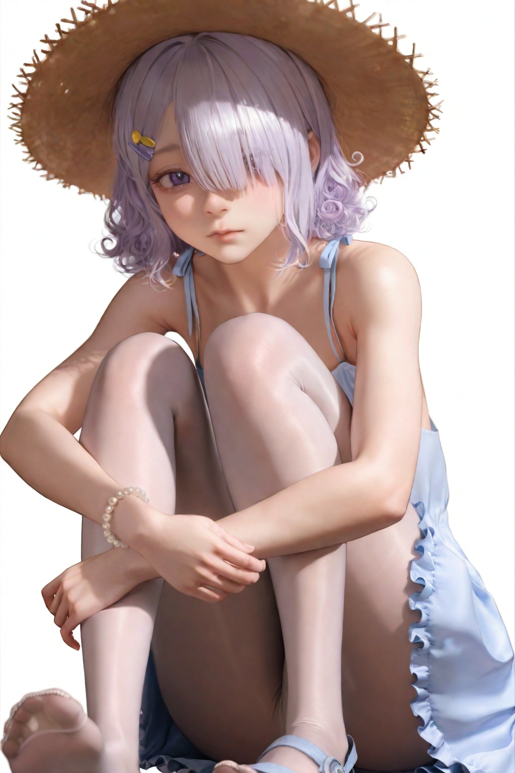 highres,absurdres,very awa,masterpiece,best quality,year 2024,newest,<lora:B3D-000198>,(white background:1.9),(simple background:1.9),drop shadow,(close-up:1.3),Focus on the face,looking at viewer,upper body,1girl,solo,curly hair,purple eyes,blue eyes,medium hair,hair over one eye,straw hat,Beige hair,Light purple hair,yellow hairpin,exposing shoulders,sky blue sundress,frilled dress,sky blue sandal,white pantyhose,fine fabric emphasis,bead bracelet,sitting,flat chest,no shoe,toes,(aged down:1.1),hugging own legs,upskirt,