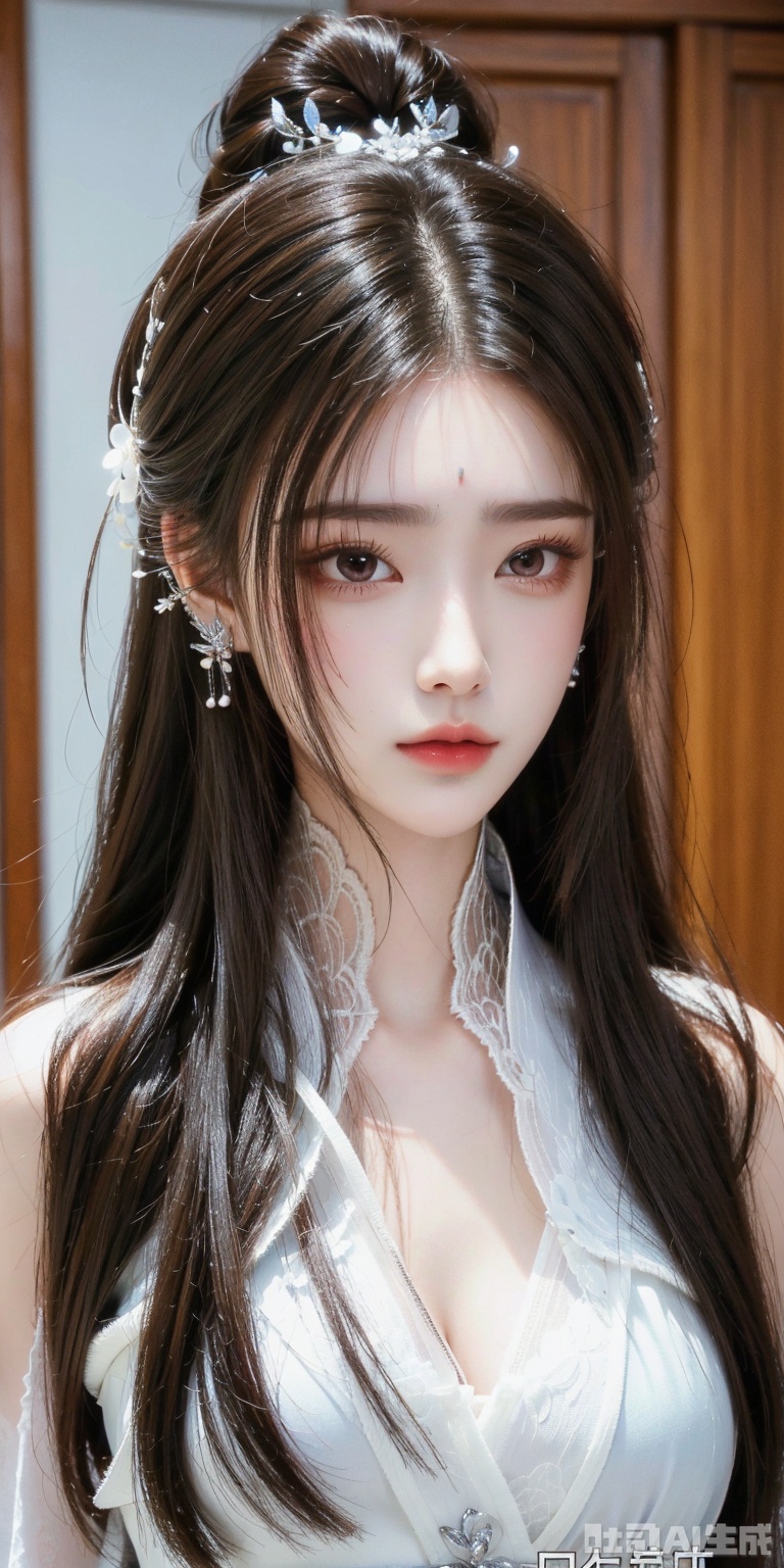 best quality, masterpiece, realistic,luxueqi,1girl, solo, long hair, looking at viewer,, hair bun, , facial mark, , forehead mark