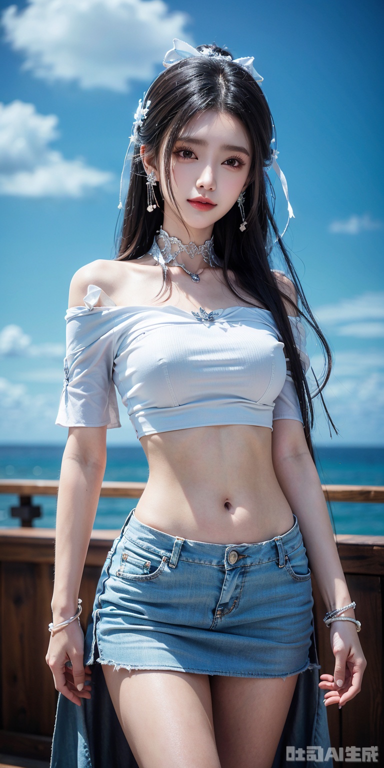 best quality, masterpiece, realistic,cowboy_shot,(Good structure), DSLR Quality,Depth of field,kind smile,looking_at_viewer,Dynamic pose, ,Short skirt,Blue sky, white clouds, ocean, nai3, 1girl, solo, crop top, , choker, navel, shirt, midriff, crop top overhang, looking at viewer, white shirt, jewelry, breasts, bare shoulders, off-shoulder shirt, off shoulder, black choker, thighs, stomach, long hair, bracelet, short sleeves, ribbon, hand up, collarbone, hair ribbon, medium breasts, , , hair ornament, thigh gap, necklace, expressionless,
