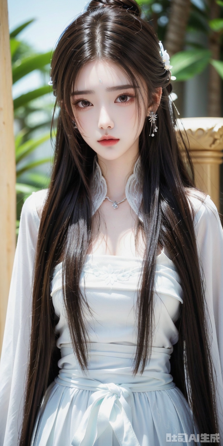 best quality, masterpiece, realistic,luxueqi,1girl, solo, long hair, looking at viewer,, hair bun, , facial mark, , forehead mark