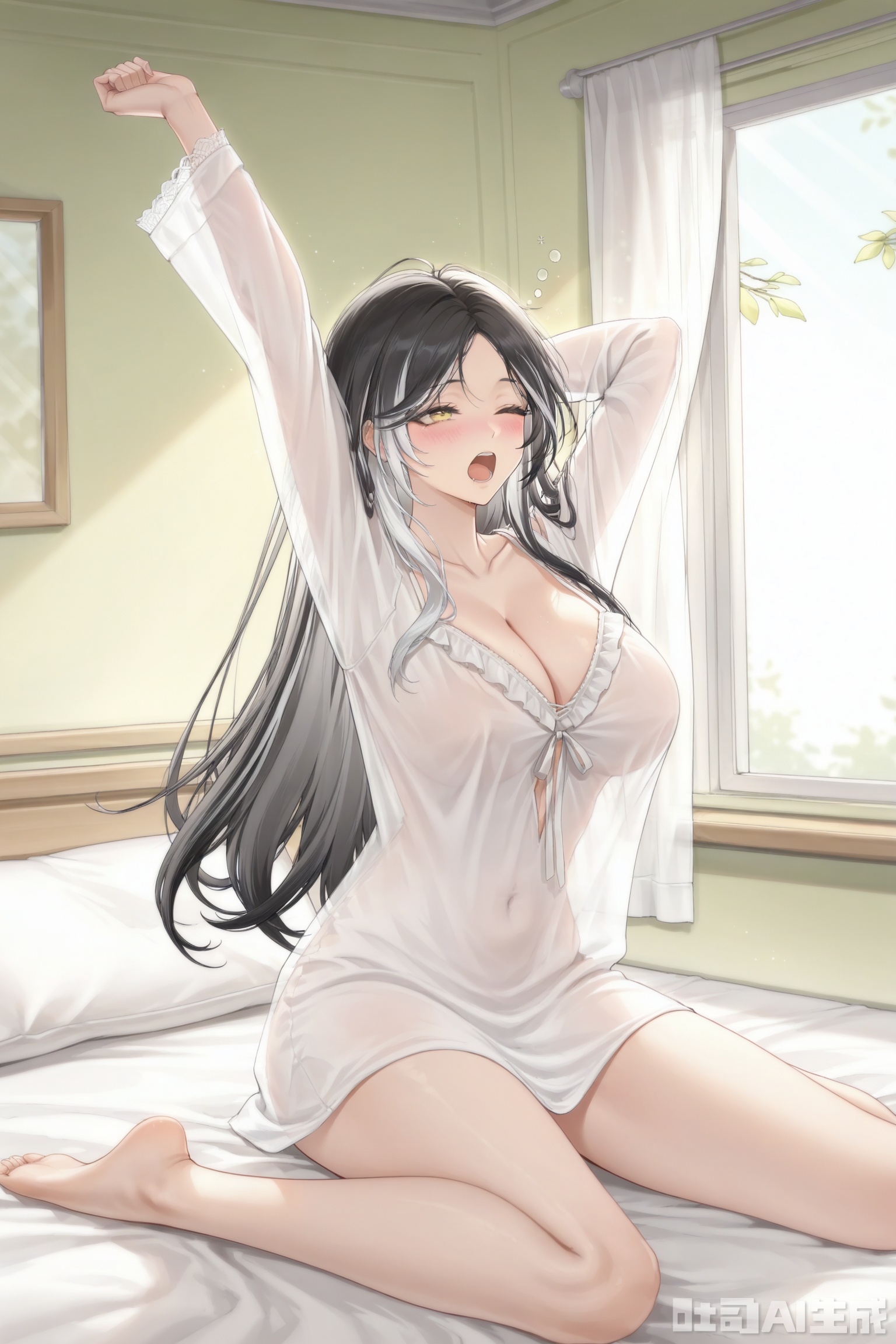zhixu, a girl, long hair, black hair mixed with some white hair, big breasts, clavicles, cleavage, long legs, dull hair, yellow eyes, in the bedroom, early in the morning,wariza on the bed, white sheets, white pillows, sitting on the bed, behind it is a window, a few birds stay by the window, wearing white nightgowns, stretching, yawning, blushing, lace edges,