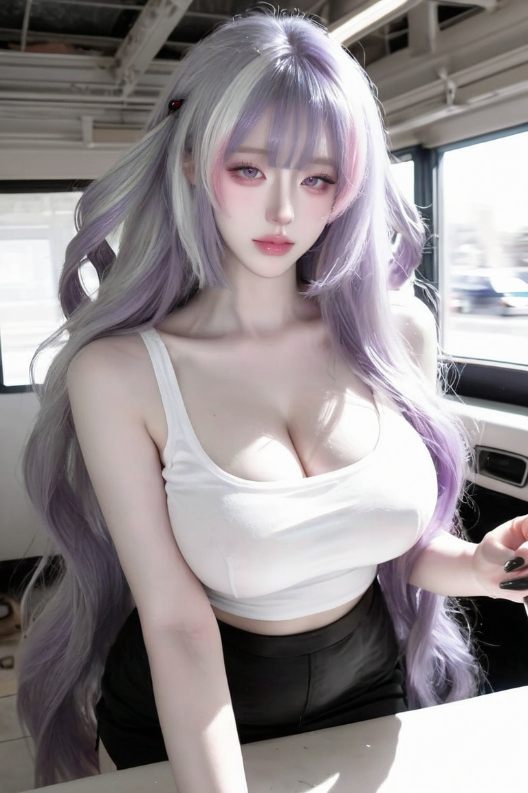 ((1 woman)),  (((Gray hair and purple hair ends))),  ((very long hair and wavy hair and bangs hair)) on Tensor.Art