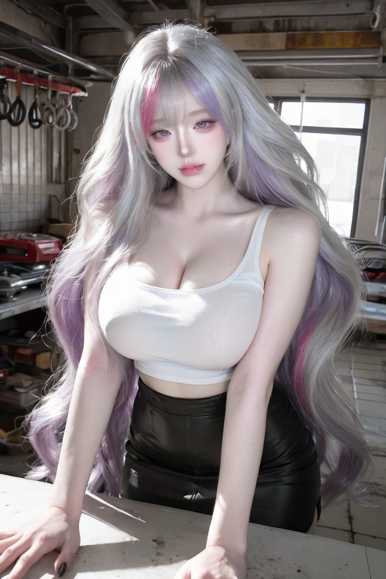 ((1 woman)),  (((Gray hair and purple hair ends))),  ((very long hair and wavy hair and bangs hair)) on Tensor.Art