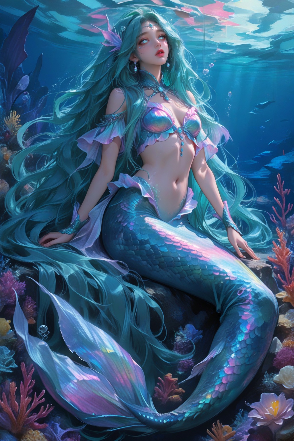 beautiful mermaid woman,  long flowing hair underwater,  iridescent scales tail on Tensor.Art