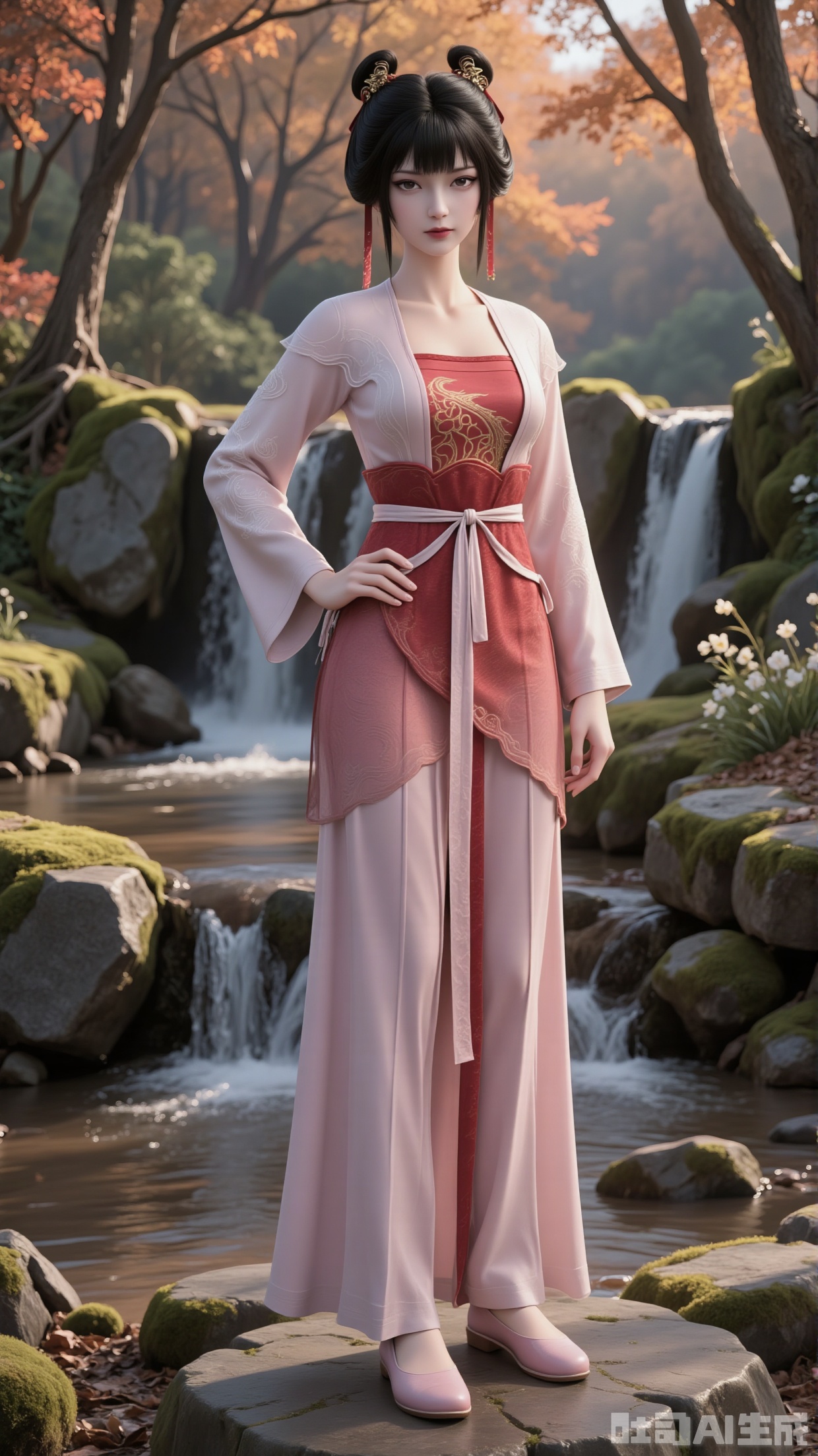 Standing posture, looking directly at the camera.
Action: Standing on a stone with one hand naturally resting on the waist and the other relaxed by the side. Fingernails with manicure.
 
A beautiful woman with black hair tied up in a classic bun, wrapped in a red hair ribbon and adorned with delicate hair ornaments. She wears a red-pink traditional long dress layered with a thin, semi-transparent gauze short coat embroidered with golden dragon and cloud patterns. A light-colored silk ribbon cinches the waist. Her demeanor is gentle and graceful, with meticulous texture details on the clothing. Pink flat embroidered shoes.
 
- Scene: Forest with moss-covered stones, tall maple trees, fallen maple leaves covering the ground, moss, wildflowers, a small stream with clear water, and a waterfall.
- Lighting: Soft natural light creating a quiet, serene atmosphere. Realistic and lifelike.
