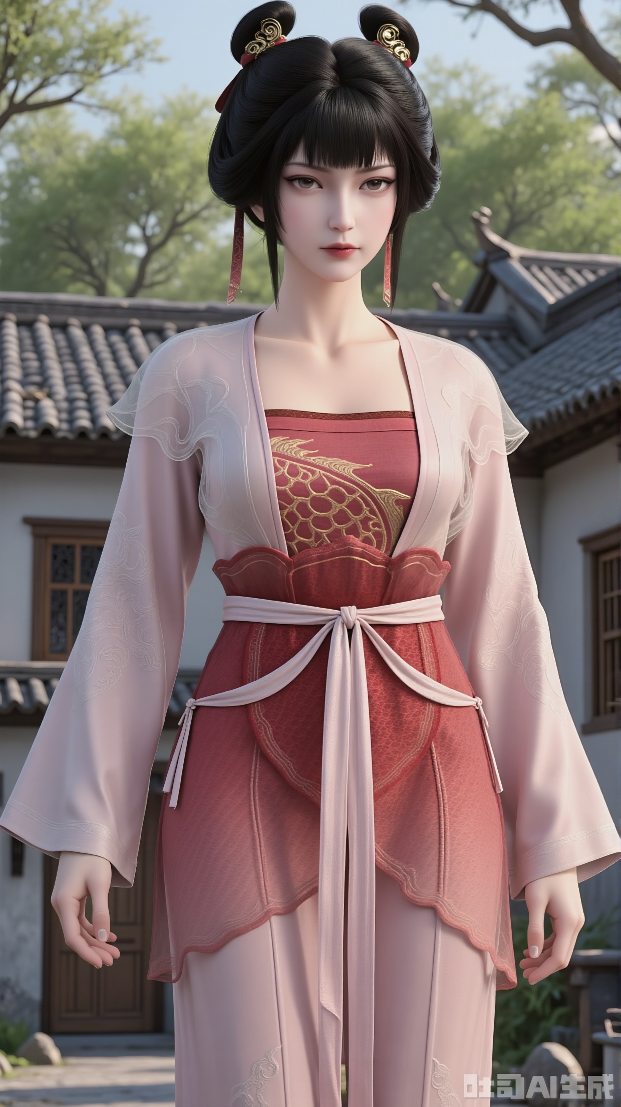 A beautiful woman with black hair styled into a classical bun, adorned with pretty and elaborate small hair ornaments. She wears an ancient - style dress in red and pink, and over it, a thin, semi - transparent gauze short coat. The dress is embroidered with traditional patterns like golden dragon motifs and cloud designs. A light - colored ribbon ties around her waist. The background is a Chinese - style courtyard, featuring green trees and houses with grey - tiled roofs, creating a fresh and elegantly antique feel of a daily life in a xianxia (fantasy martial arts) world. The woman’s demeanor is gentle and graceful, and the texture details of the clothing are also meticulous.