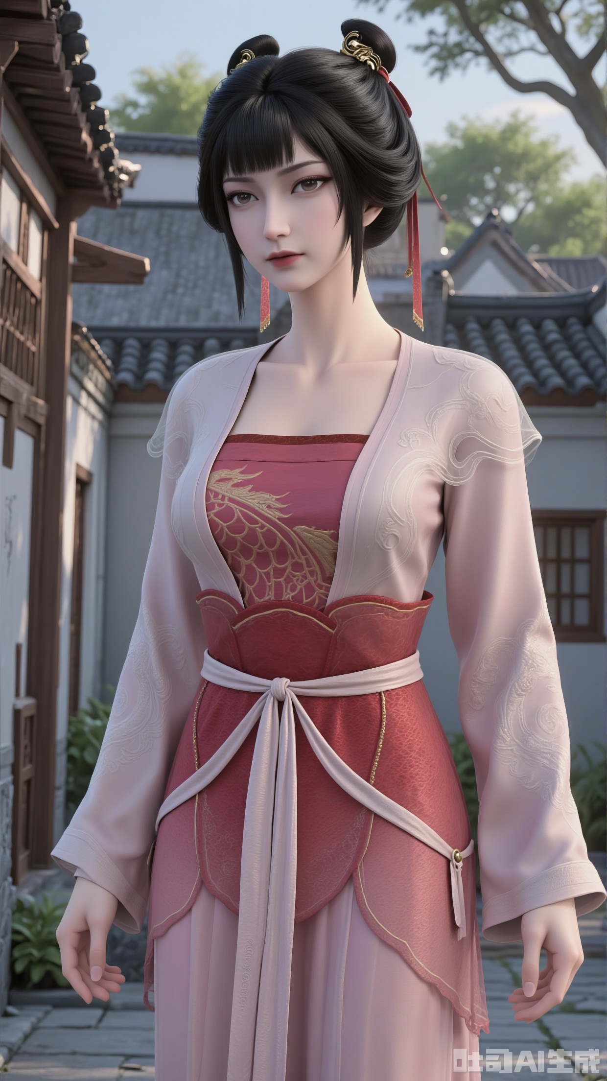 A beautiful woman with black hair tied up in a classic bun, wrapped with a red hair ribbon and adorned with delicate hair ornaments. She wears a red-and-pink traditional-style dress, layered with a thin, semi-transparent gauze short coat embroidered with golden dragon and cloud patterns. A light-colored silk ribbon cinches her waist. The background features a Chinese courtyard with green trees and gray-tiled houses, creating a fresh and elegant xianxia (fantasy martial arts) daily scene. Her demeanor is gentle and graceful, with meticulous textures on the clothing.