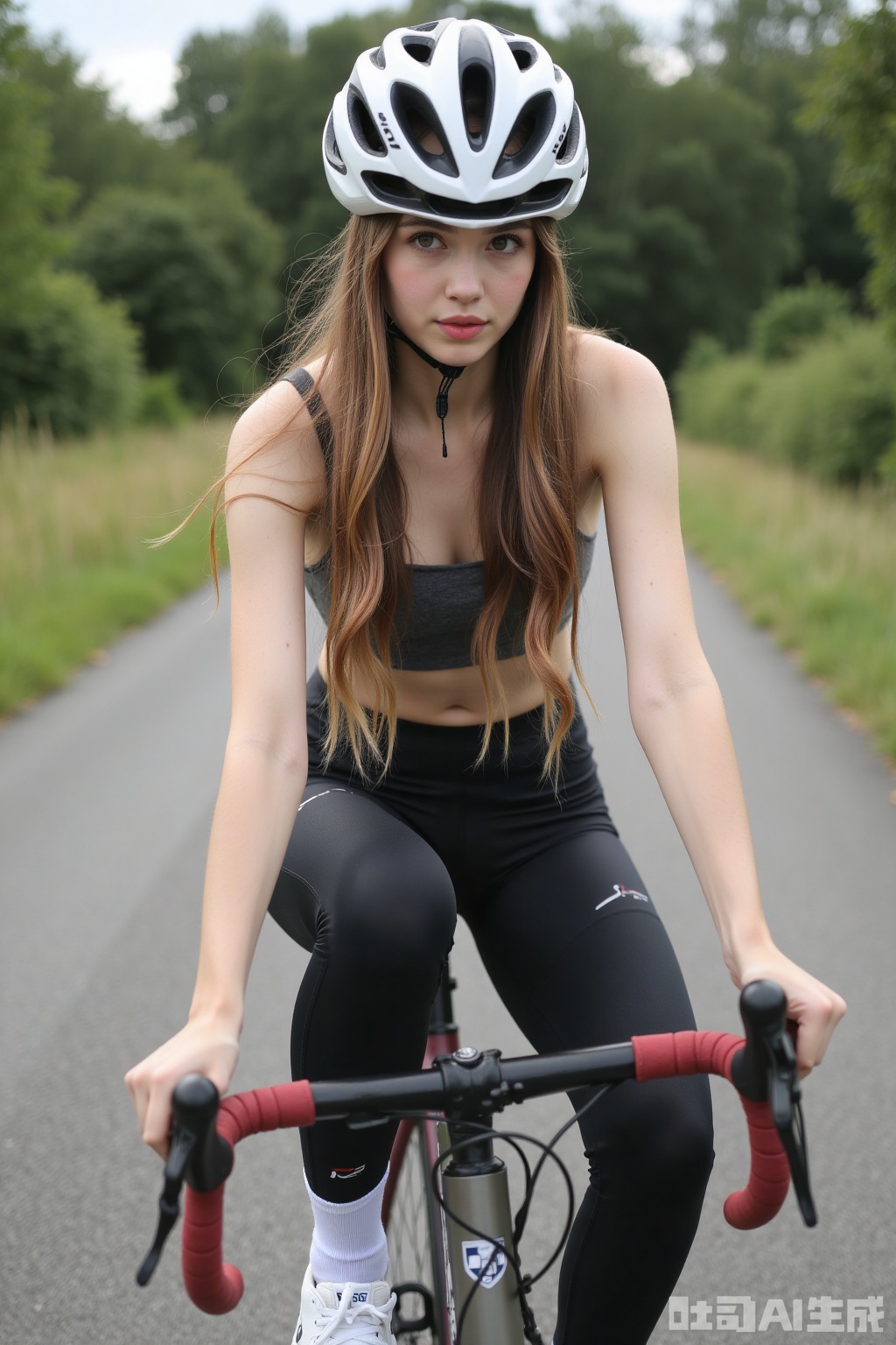 Realistic photo of a young woman with long hair, cycling hat, fair skin, big breast, cycling tights, cycling leggings, long legs, sneakers, full body, sitting on a bicycle, outdoors, upward view,
