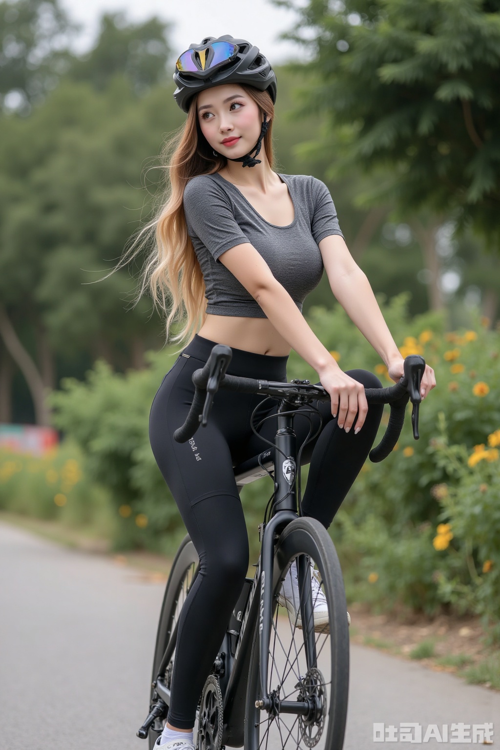 Realistic photo of a young woman with long hair, cycling hat, fair skin, big breast, cycling tights, cycling leggings, long legs, sneakers, full body, sitting on a bicycle, outdoors, upward view,