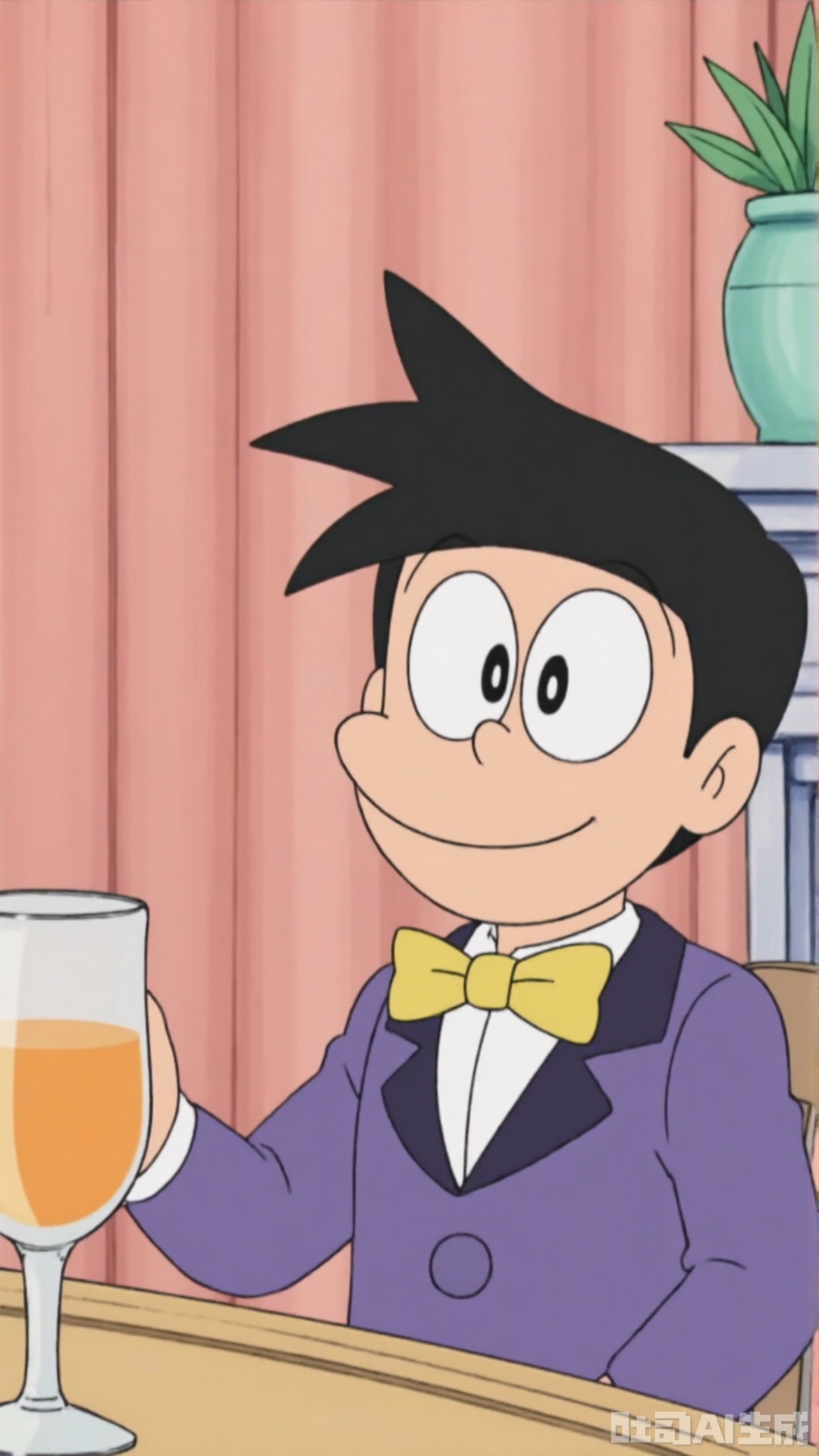 This is Suneo from Doraemon. He is male, about 10 years old. Wearing a purple formal dress and a yellow bow tie, he is indoors (with pink curtains and a green plant pot in the background). Holding a glass of orange drink in his right hand and smiling, he looks elegant, showing the refined appearance of a wealthy boy at a party.