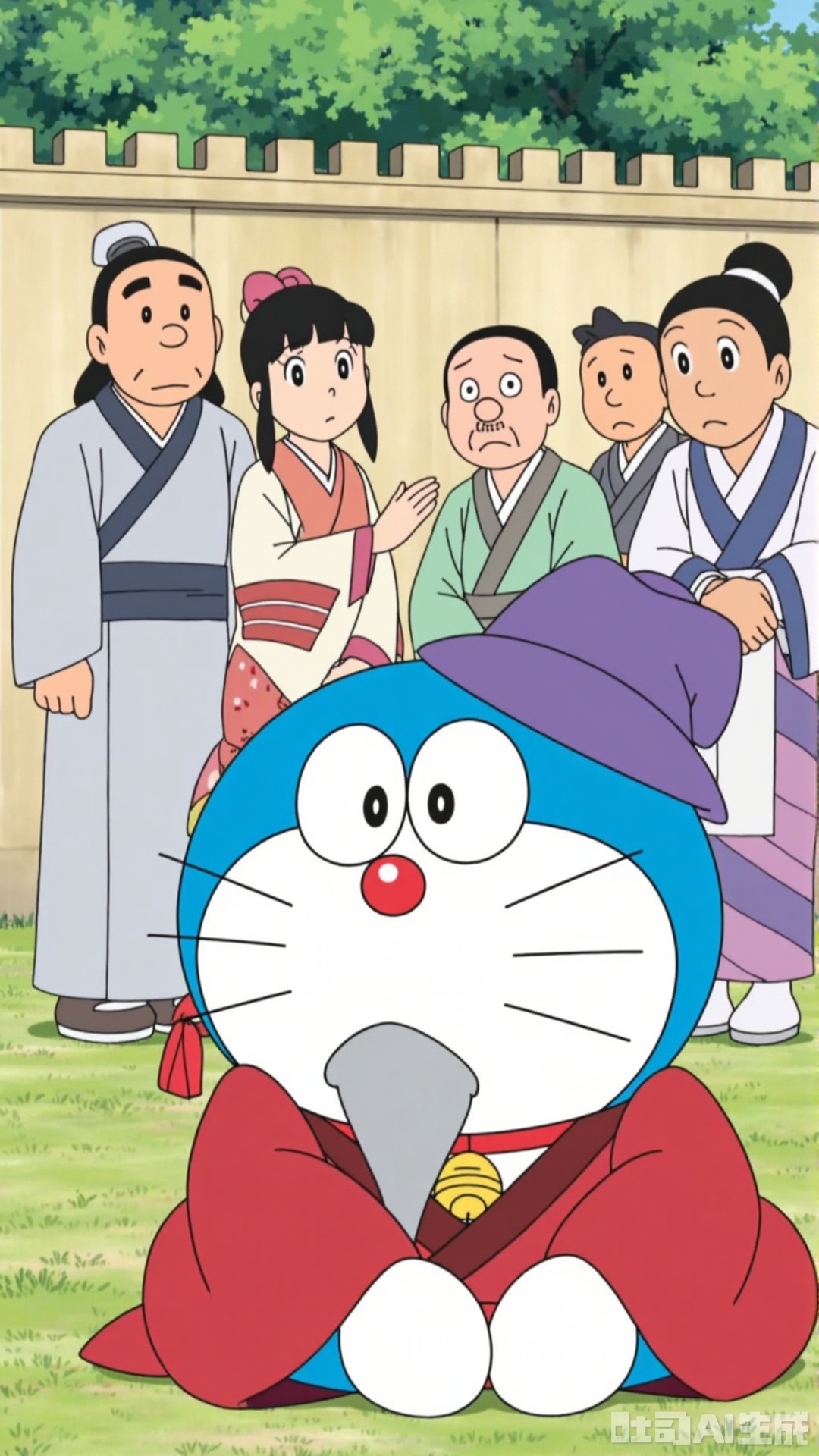 In the picture, Doraemon is wearing a red robe, a purple hat, and a long beard. It sits cross - legged on the outdoor grass, with its eyes closed as if meditating. Beside it, there are several characters in ancient costumes, both old and young. The men wear traditional Hanfu, and the women wear kimono - style ancient costumes. They stand or stay, with puzzled expressions on their faces. The background includes a wall and trees, presenting a scene of curious observation.