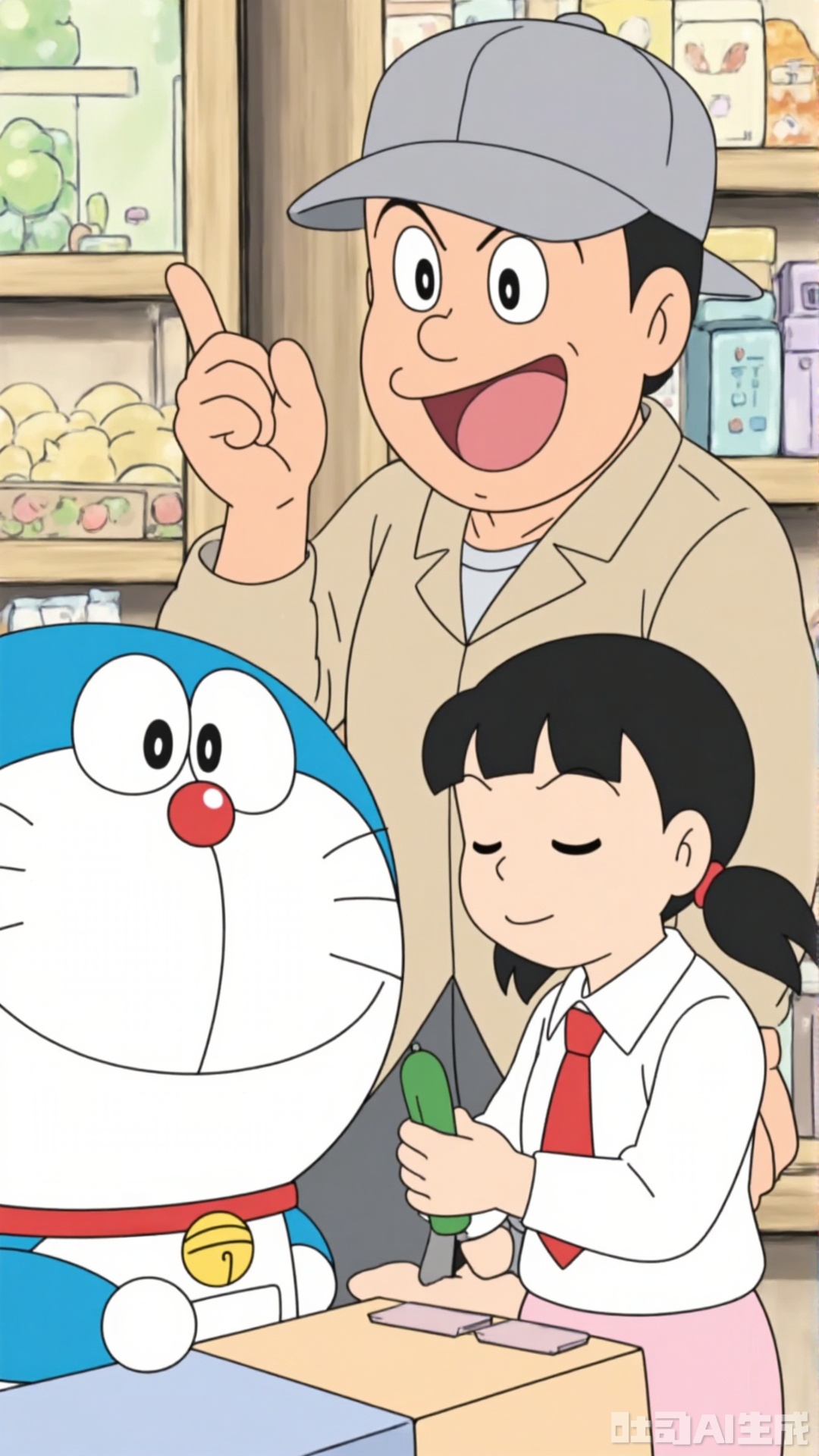 This is a scene from Doraemon. The shop owner (male, about 28 years old) is wearing a gray hat and a light brown coat, enthusiastically promoting products. His eyes are bright, his index finger pointing sideways, and his demeanor is cheerful. Jingxiang (female, about 10 years old) tied her hair in a ponytail, dressed in a white shirt with a red tie, closed her eyes, holding a green cucumber, as if patiently listening. The two of them were in the store, with shelves filled with goods, creating a relaxed and everyday atmosphere, filled with the friendly atmosphere of everyday life.,Doraemon manga style