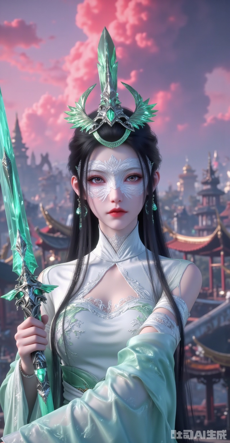 Hyper - realistic 3D animation style, Eastern fantasy female warrior, long black straight hair, emerald phoenix - shaped metal crown, half - face silver mask with white feather patterns, amber eyes, white hollowed - out mandarin - collar robe, lace details on neckline, a translucent emerald lightsaber beside her, shattered cyber - ancient buildings in the background, surging red - purple energy clouds, contrasting cool and warm lighting, 8K ultra - detailed, emphasizing material reflections (metal cold light, jade warmth, tulle translucency) --ar 9:16 --q 2 --style raw