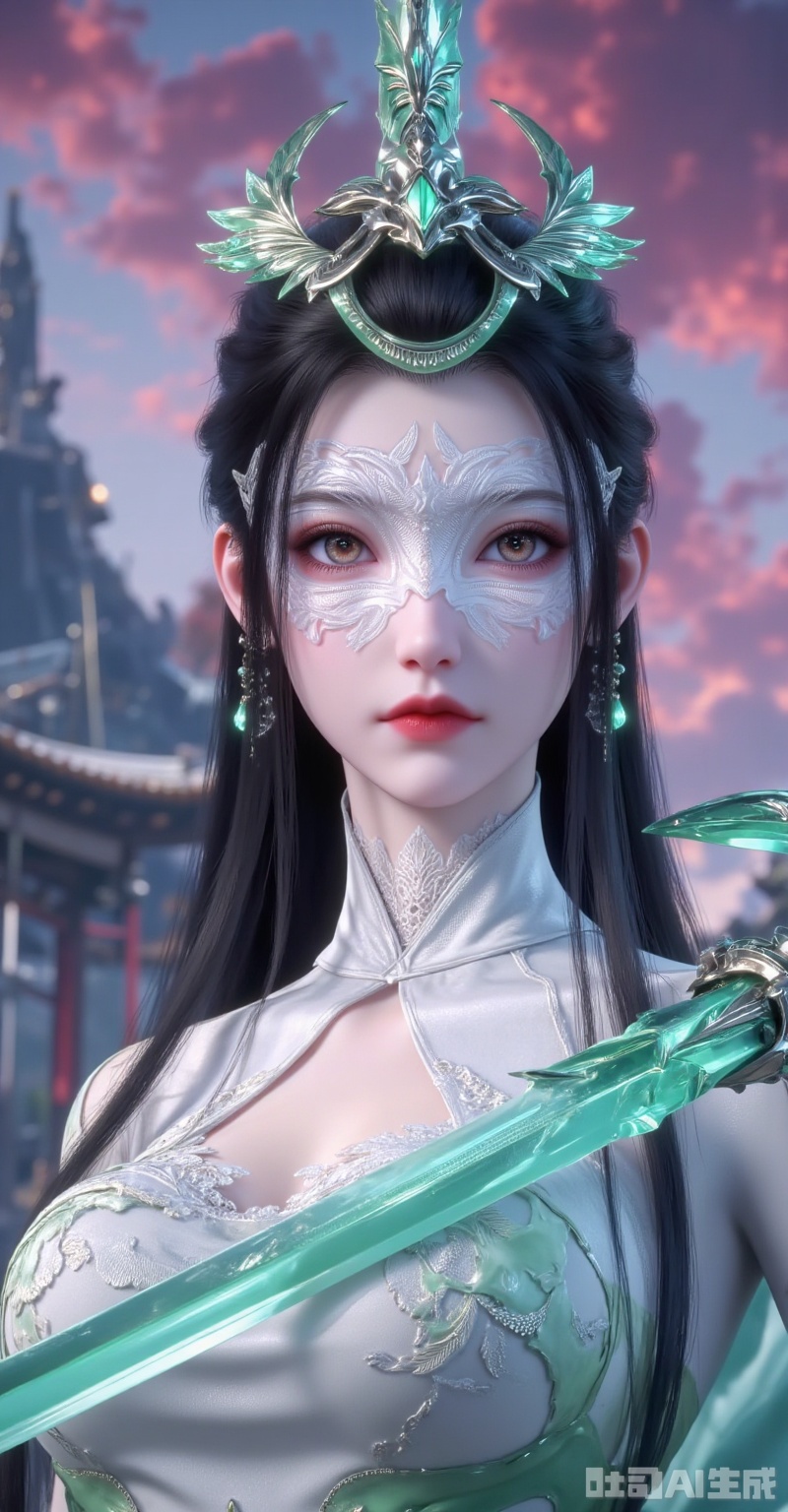 Hyper - realistic 3D animation style, Eastern fantasy female warrior, long black straight hair, emerald phoenix - shaped metal crown, half - face silver mask with white feather patterns, amber eyes, white hollowed - out mandarin - collar robe, lace details on neckline, a translucent emerald lightsaber beside her, shattered cyber - ancient buildings in the background, surging red - purple energy clouds, contrasting cool and warm lighting, 8K ultra - detailed, emphasizing material reflections (metal cold light, jade warmth, tulle translucency) --ar 9:16 --q 2 --style raw