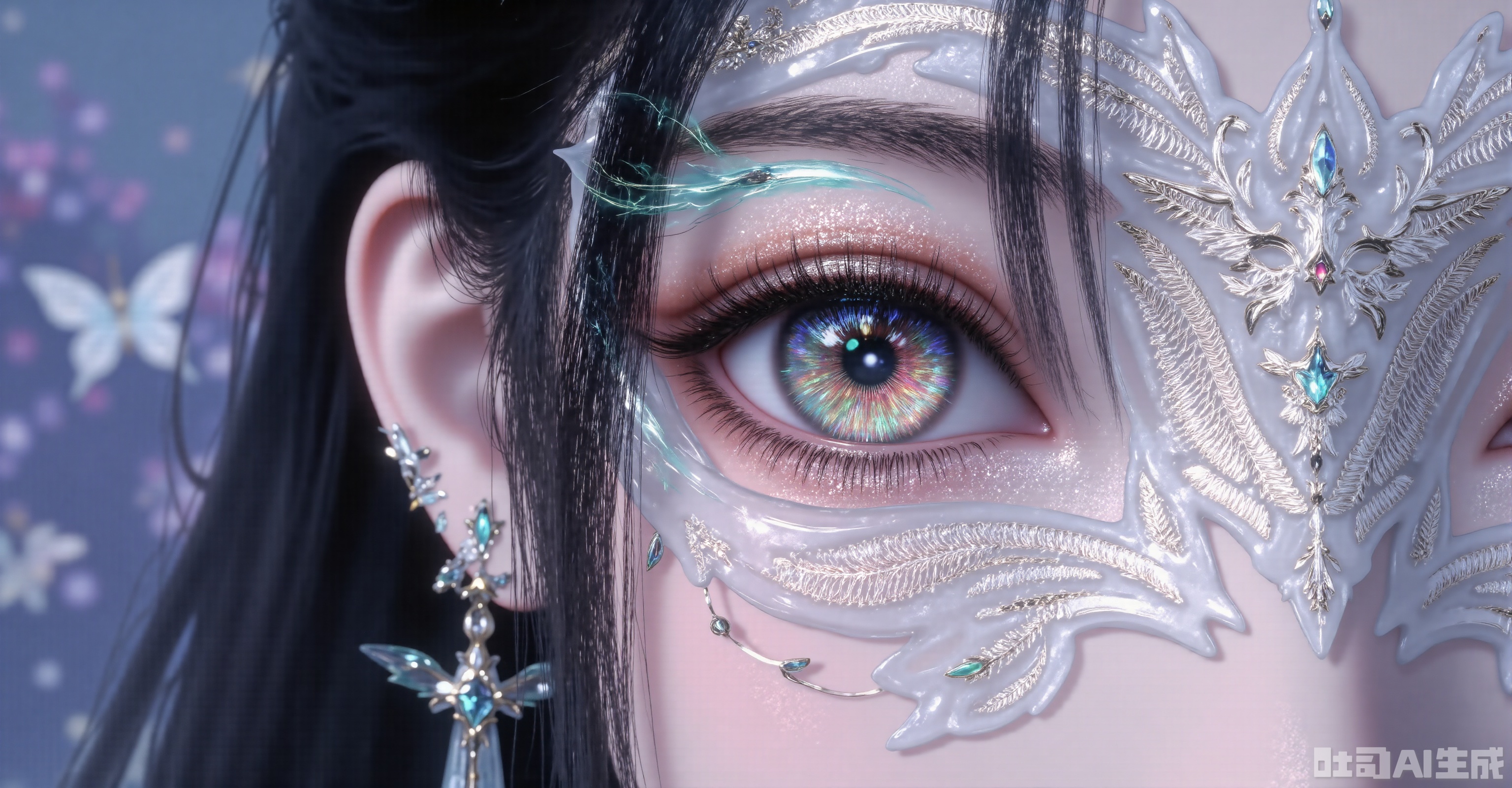 A close-up of a fantasy female character's eye, with long black strands of hair falling beside the eye. The face has a translucent, lace-like white mask with intricate patterns. There are glowing blue magical light effects around the eye, and the iris shows beautiful green-gold gradients. The background is a misty, dreamy blend of blue and purple tones, rendered in ultra-detailed 8K, showcasing realistic textures of skin, hair, and the mask, with a touch of dark fantasy ambiance.,ljj