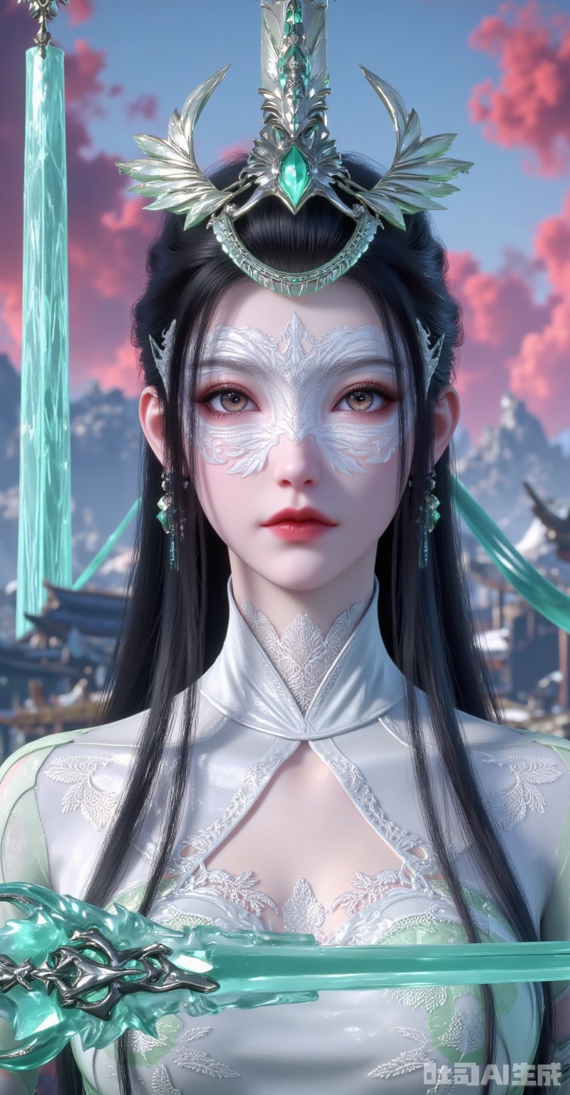 Hyper - realistic 3D animation style, Eastern fantasy female warrior, long black straight hair, emerald phoenix - shaped metal crown, half - face silver mask with white feather patterns, amber eyes, white hollowed - out mandarin - collar robe, lace details on neckline, a translucent emerald lightsaber beside her, shattered cyber - ancient buildings in the background, surging red - purple energy clouds, contrasting cool and warm lighting, 8K ultra - detailed, emphasizing material reflections (metal cold light, jade warmth, tulle translucency) --ar 9:16 --q 2 --style raw