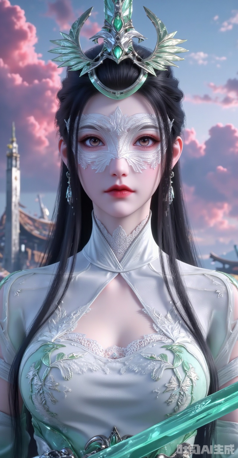Hyper - realistic 3D animation style, Eastern fantasy female warrior, long black straight hair, emerald phoenix - shaped metal crown, half - face silver mask with white feather patterns, amber eyes, white hollowed - out mandarin - collar robe, lace details on neckline, a translucent emerald lightsaber beside her, shattered cyber - ancient buildings in the background, surging red - purple energy clouds, contrasting cool and warm lighting, 8K ultra - detailed, emphasizing material reflections (metal cold light, jade warmth, tulle translucency) --ar 9:16 --q 2 --style raw