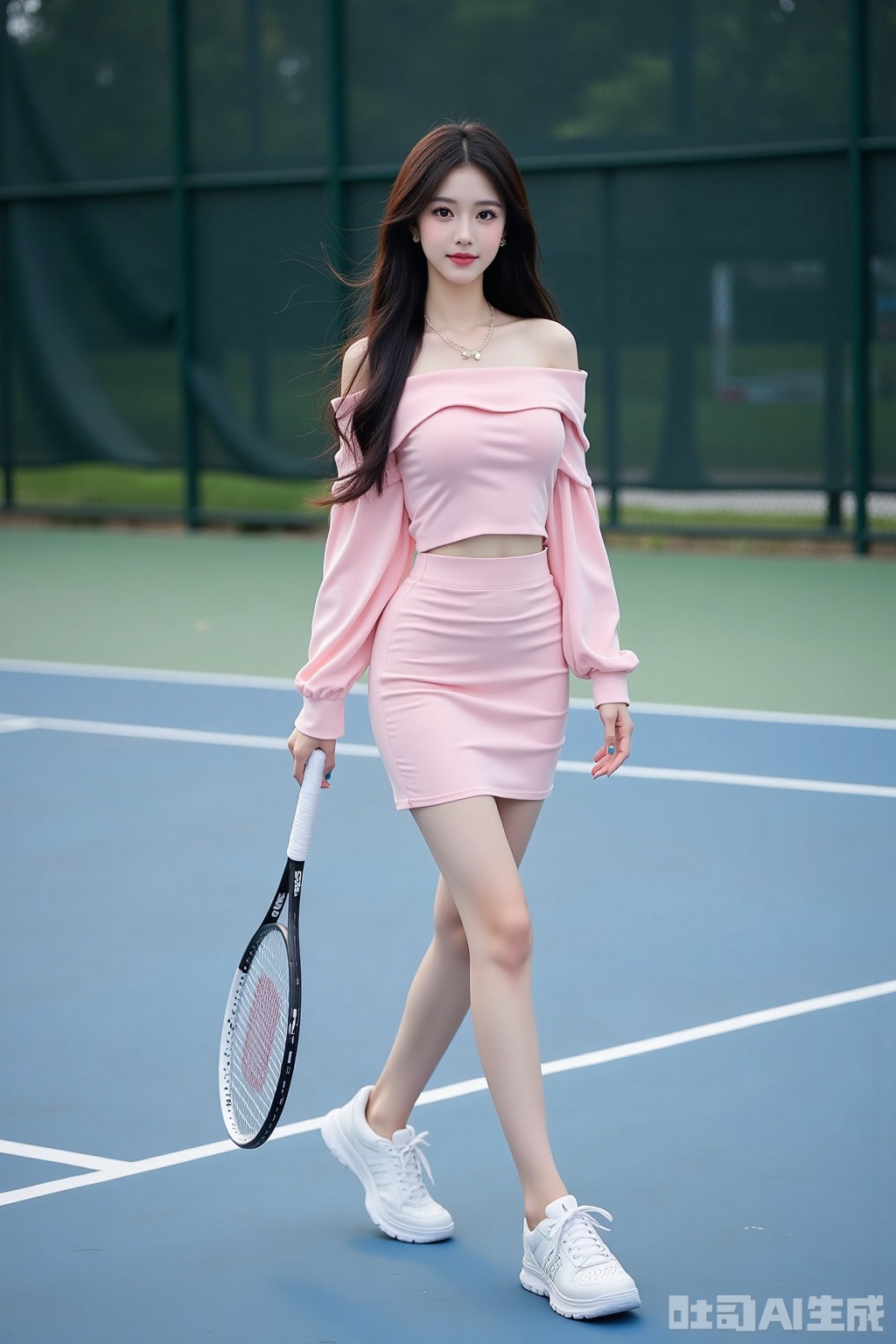 Realistic photo of a young woman with long hair, fair skin, big breasts, off-shoulder pink shirt, short pencil skirt, long legs, sneakers, full body, playing tennis, tennis court,