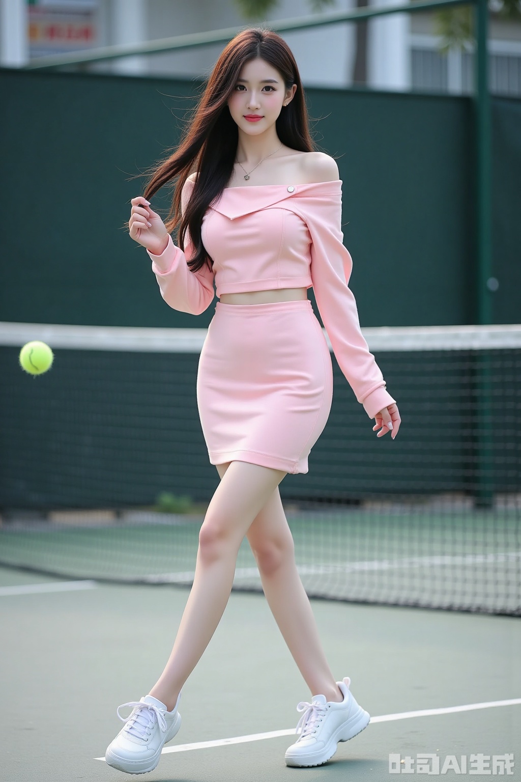 Realistic photo of a young woman with long hair, fair skin, big breasts, off-shoulder pink shirt, short pencil skirt, long legs, sneakers, full body, playing tennis, tennis court,