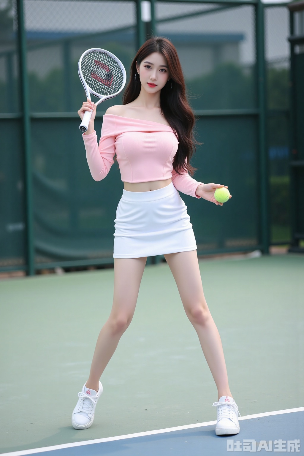 Realistic photo of a young woman with long hair, fair skin, big breasts, off-shoulder pink shirt, short pencil skirt, long legs, sneakers, full body, playing tennis, tennis court,